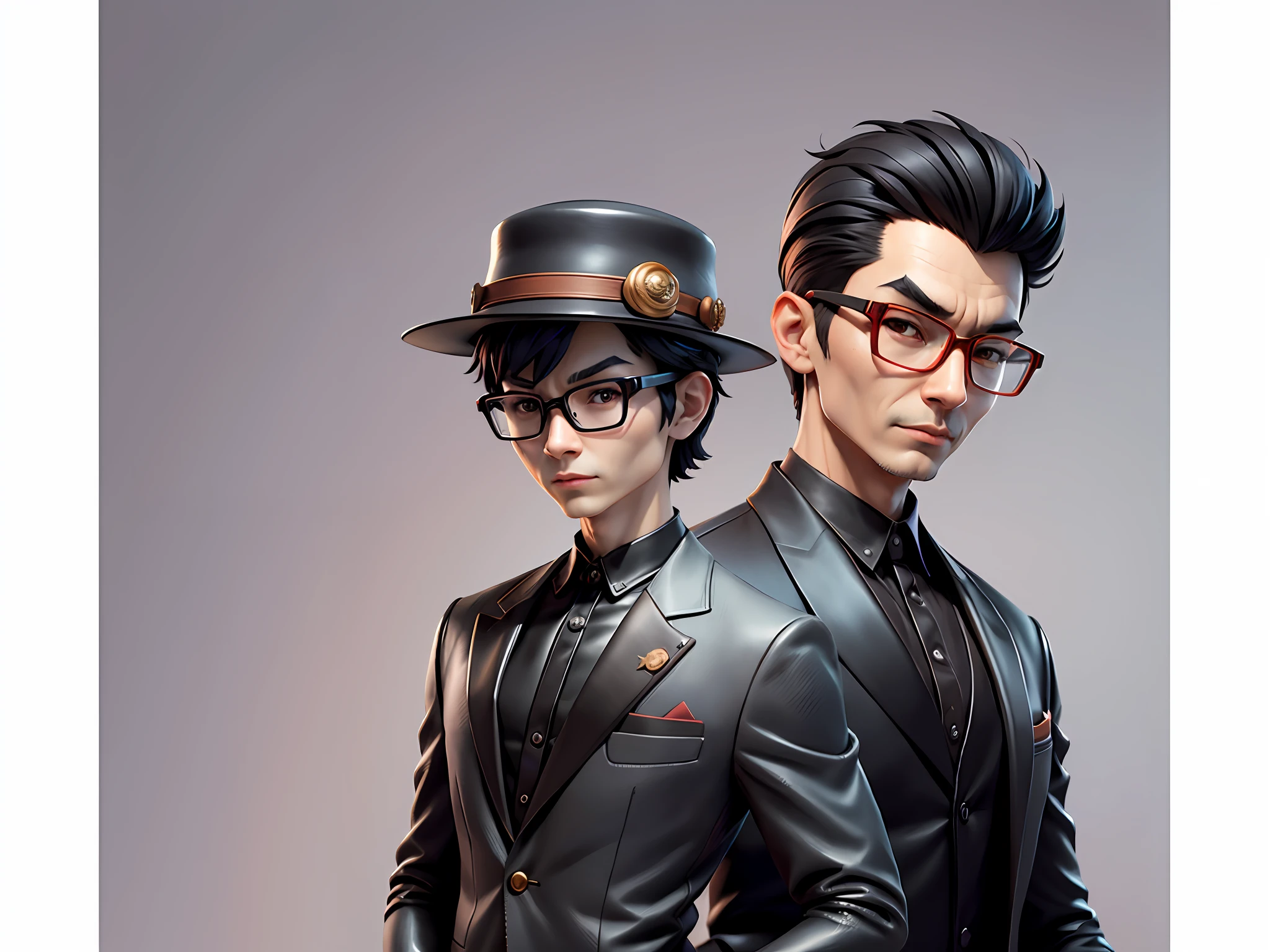 Young man with oriental face in leather hat, tiger, oriental face in formal suit, short black hair, silver glasses, digital painting, 3D character design by Mark Clairedon and Pixar and Hayao Miyazaki and Akira Toriyama, the illustration is a high-definition illustration in 4K resolution with very detailed facial features and cartoon-style visuals.