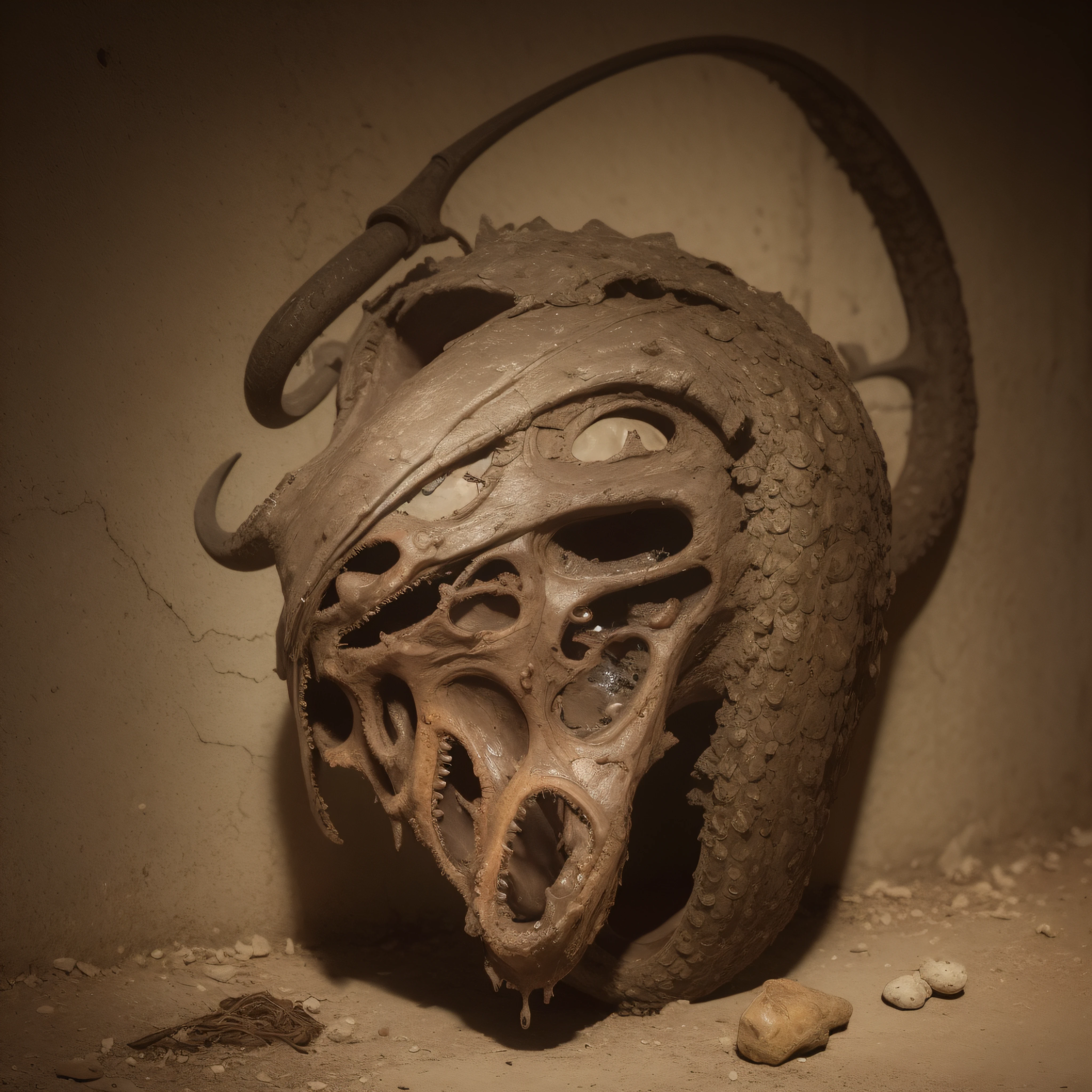 (extremadamente detallado, obra maestra, La mejor calidad), Estilo oscuro, intense illumination, rostro con arrugas, soldier, medieval armor, rusted, axe, tentacle, monstruoso, interior de una piscina de agua verdosa, imagen submarina, alien con Colmillos finos. manchas de tinta. Rococo composition. Luz de caravaggio