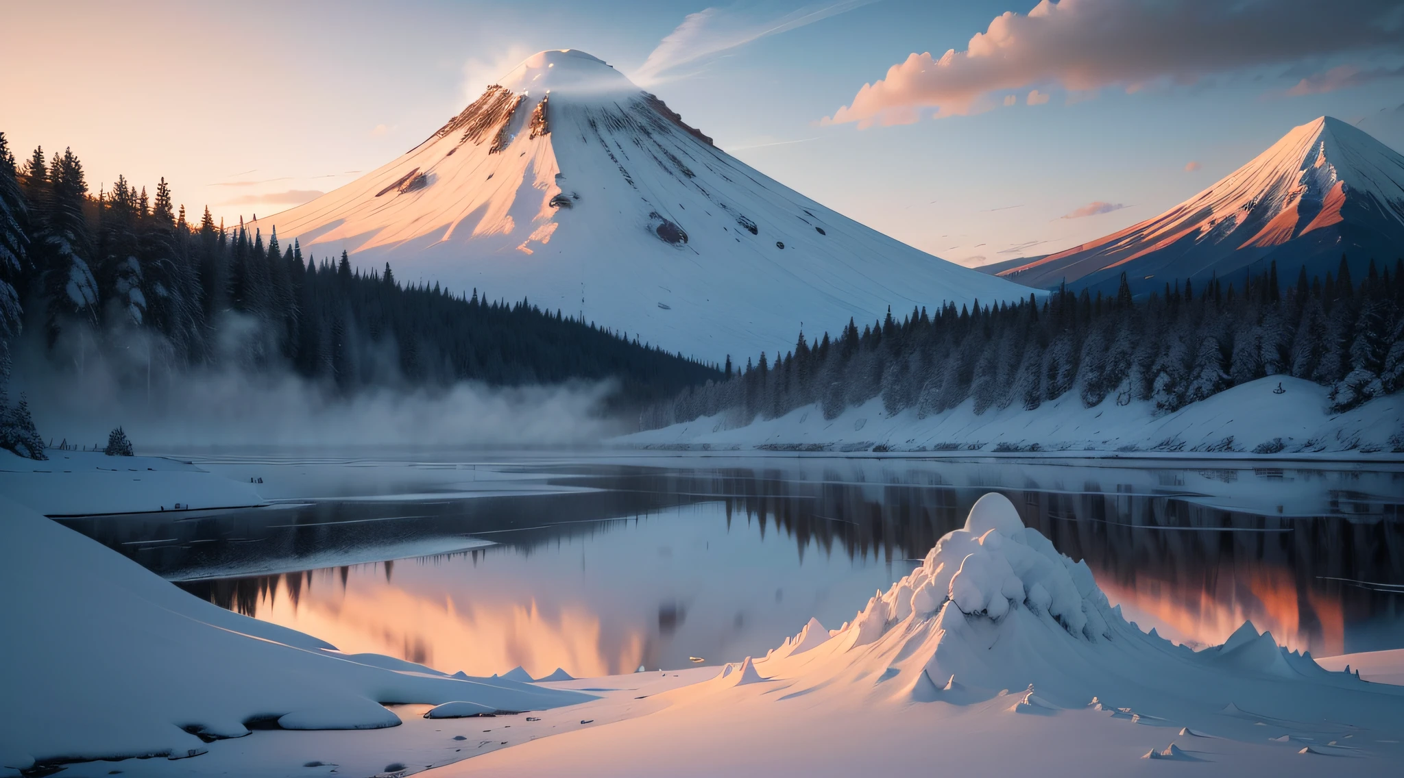 "Picture an anime-inspired scene capturing the essence of serene grandeur. Visualize a dormant volcano, its mighty form draped in a blanket of pristine snow. The volcano's rugged exterior contrasts harmoniously with the softness of the snow, creating a mesmerizing juxtaposition. The snow-covered slopes reflect the soft, pastel shades of the dawn sky, imbuing the scene with a tranquil, almost magical atmosphere. Wisps of steam rise gently from the volcano's caldera, a gentle reminder of its once-fiery nature. In this anime world, the volcano stands as a silent guardian of the land, a symbol of both power and the passage of time, inviting contemplation and quiet reverence."