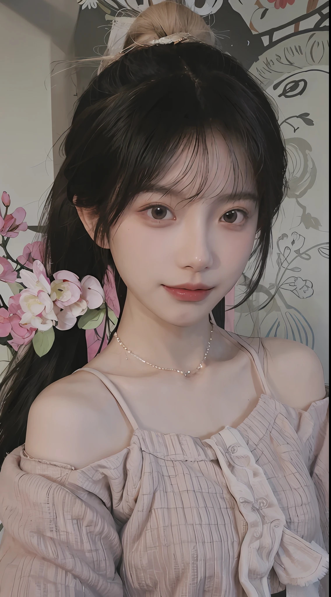 best qualtiy, 超高分辨率, (realisticlying:1.4),cute hairpin,Baoyu Girl,1girll, Raised sexy,a sense of atmosphere,Royal Sister,Beautiful woman with a slim figure:1.4, Abs:1.2, (High ponytail, mideum breasts:1.3), Pink cropped sweater:1.4, 浴室,Ultra-fine face,Elaborate Eyes,二重まぶた,ssmile,choker necklace