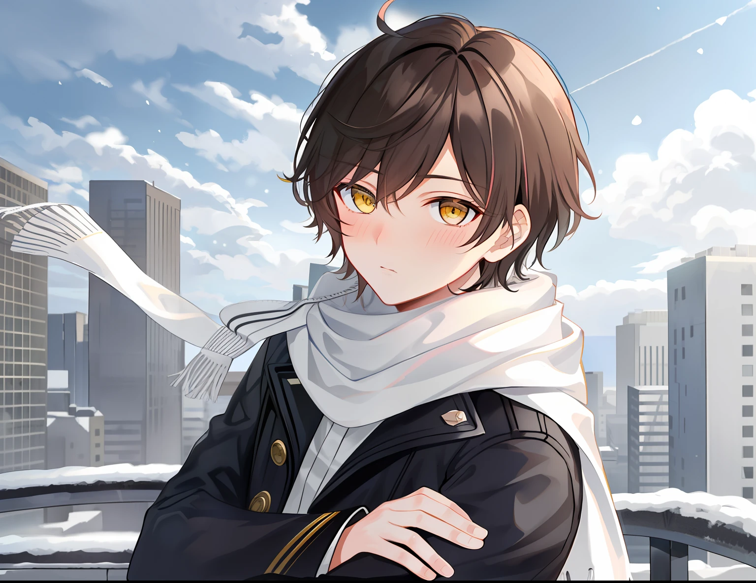 1boy, Brown hair, Yellow eyes, Male focus, Blue sky, day, Coat, Short hair, Solo, Brown jeans, grey sky, nevando, Snow, Cloudy sky, Cat ears, Cat tail, Blue light, hair between eye, , beatiful and detailed, Best quality, Semi-closed Eyes, Blush, Scarf, angle of view, close to viewer, view the viewer, {{{colored yellow eyes with greyscale background}}}, Blushing, Valentine's Day, Tsundere, Soft smile, hugging viewer