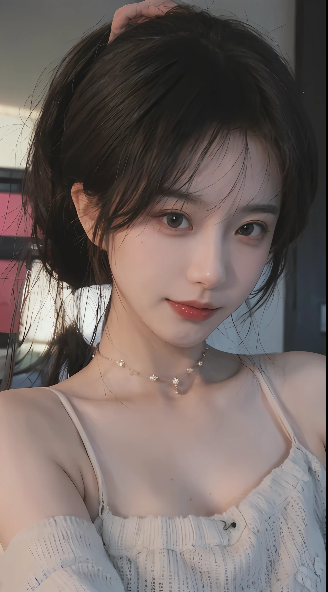 best qualtiy, 超高分辨率, (realisticlying:1.4),cute hairpin,Baoyu Girl,1girll, Raised sexy,a sense of atmosphere,Royal Sister,Beautiful woman with a slim figure:1.4, Abs:1.2, (High ponytail, mideum breasts:1.3), Pink cropped sweater:1.4, 浴室,Ultra-fine face,Elaborate Eyes,二重まぶた,ssmile,choker necklace