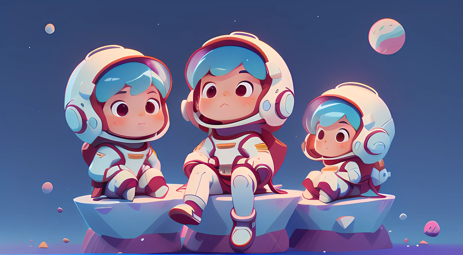 3dcharacter, garments, (full bodyesbian: 1.2), simple backgound, tmasterpiece, best qualityer, (gradient backgrounds: 1.1), 1人, Draw a young astronaut, White space helmet with visor, Sit on a research platform floating in the middle of asteroids and star belts