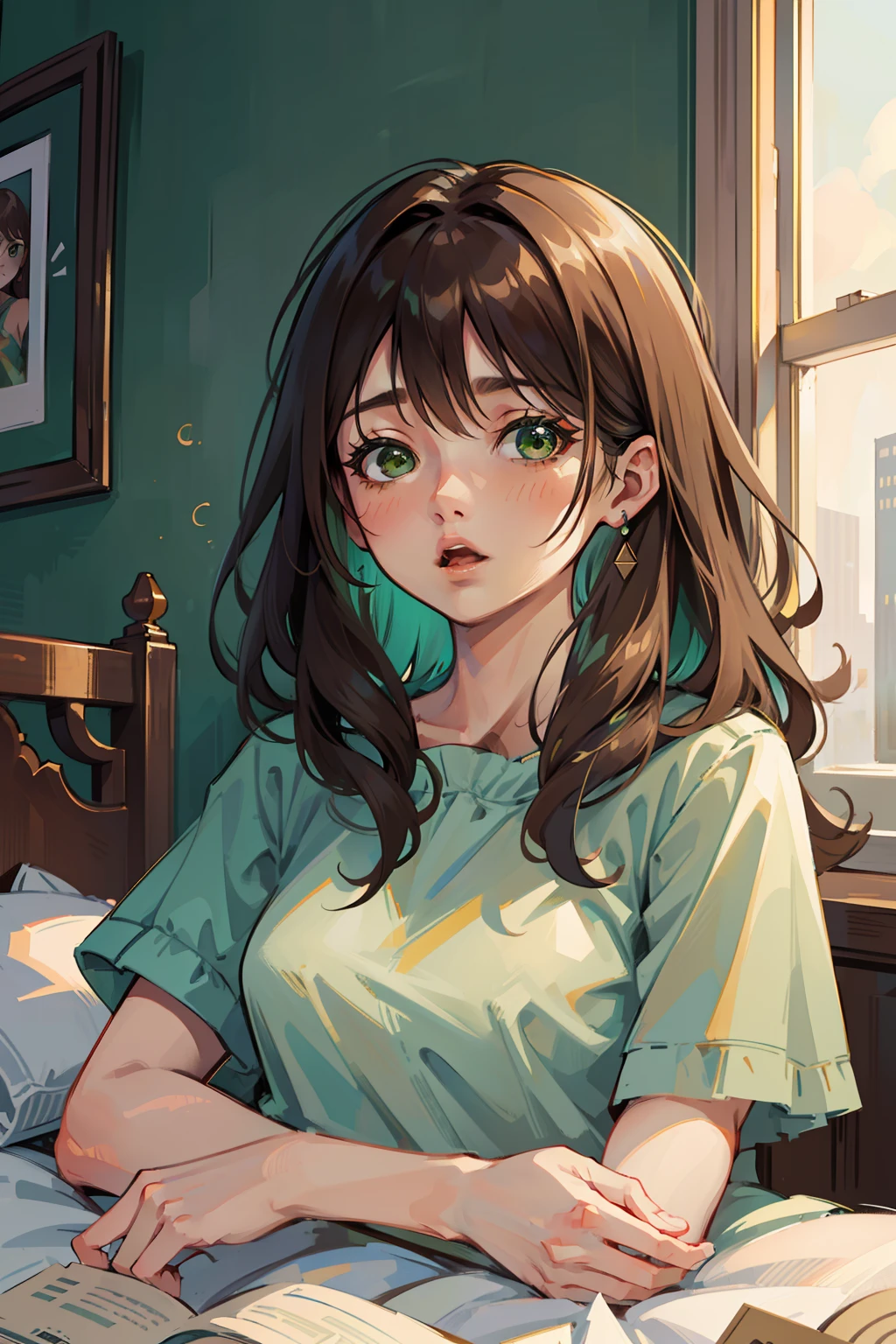(masterpiece), best quality, beautiful detailed hair detailed face, ultra high res, sharp focus, ((1 woman, solo)), perfect feminine face, very stunning woman, upper body, medium long shot, MLS, (dressless:1.3), sleepy face, yawning, sitting on the bed, chesnut brown hair, messy long hair, ((green eyes))