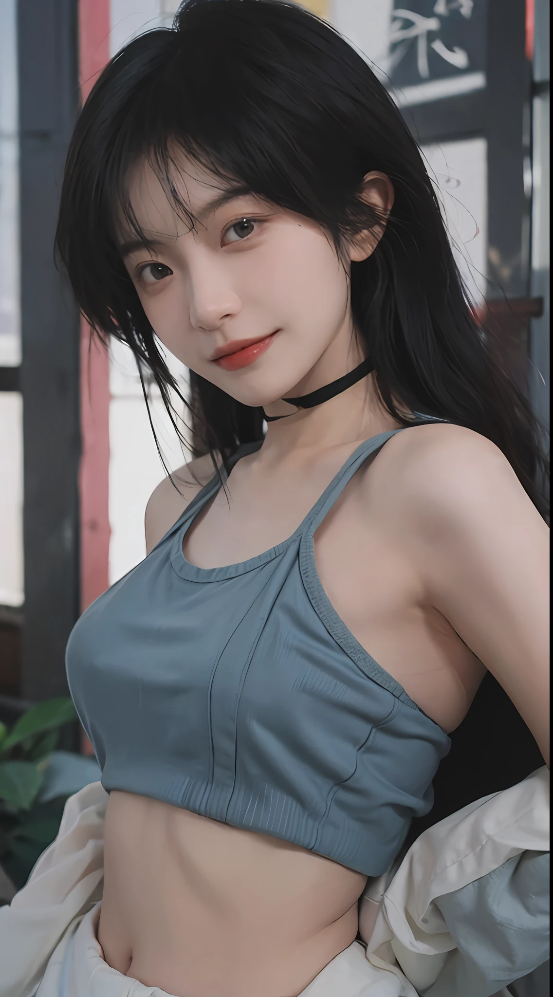 best qualtiy, 超高分辨率, (realisticlying:1.4),((Medium hair))),absurderes:1.2, The background is blurred out, Bokeh:1.2, photography of, (RAW photogr:1.2), (realisticlying:1.4), (tmasterpiece:1.3), (complexdetails:1.2), 1girll, 独奏, japanaese girl, delicated, beautifuldetails, (Detailed eyes), (detailedfacialfeatures), Petite, (((little breast))), skin tight, (Looking_at_peeping at the viewer), From_Front, (being thin), (best qualtiy:1.4), (超高分辨率:1.2), cinematric light, (Extreme detail illustration), (Gloss on lips, best qualityer, 超高分辨率, depth of fields, Caustics, Wide lighting, naturalshadow, 85mm, f/1.4, iso 200, 1/160s:0.75),1girll, 独奏, (((blue tanktop)))ssmile, 校服, choker necklace,