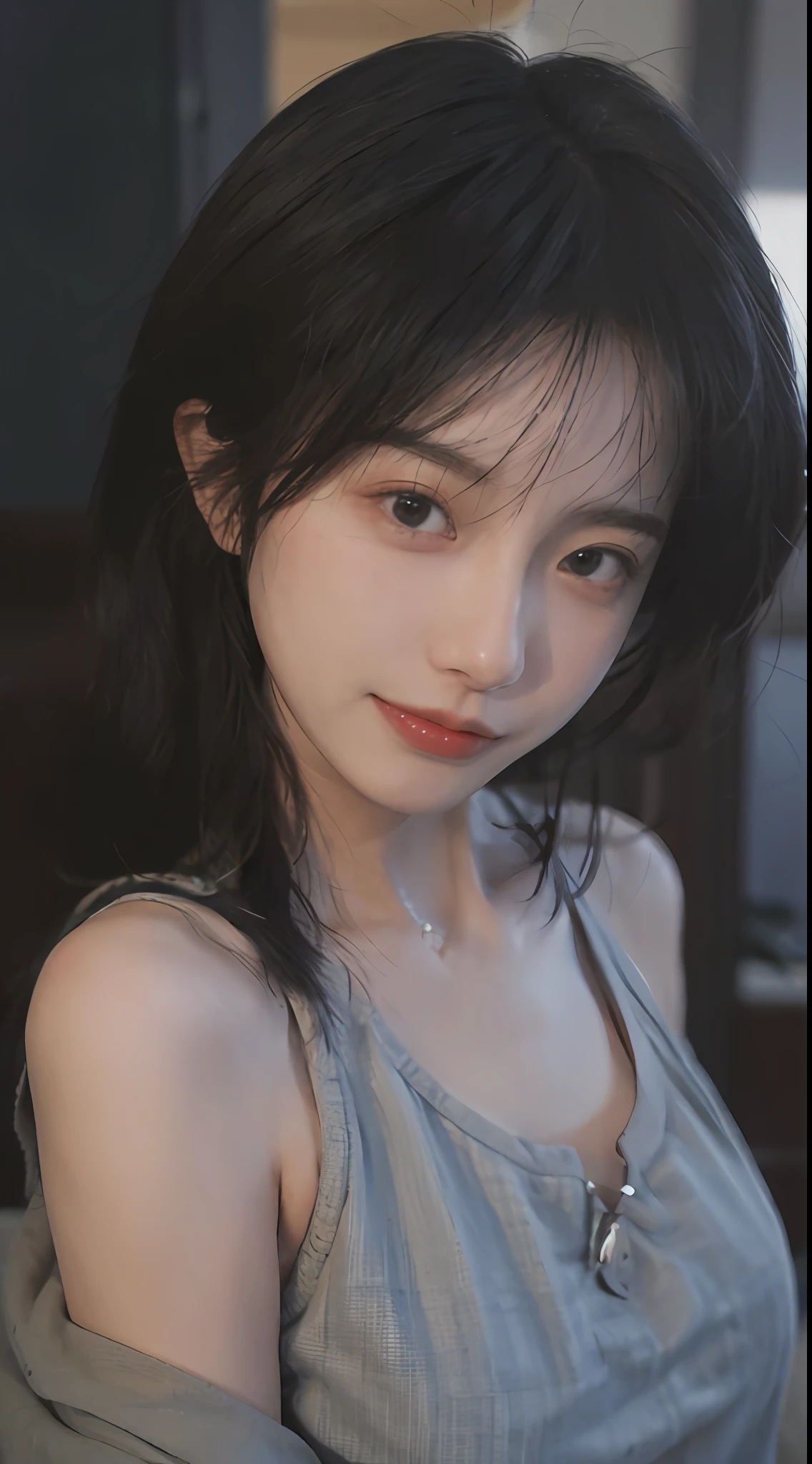 best qualtiy， 超高分辨率， （realisticlying：1.4），（（Medium hair））），absurderes：1.2， The background is blurred out， Bokeh：1.2， photography of， （RAW photogr：1.2）， （realisticlying：1.4）， （tmasterpiece：1.3）， （complexdetails：1.2）， 1girll， 独奏， japanaese girl， delicated， beautifuldetails， （Detailed eyes）， （detailedfacialfeatures）， Petite， （（（little breast）））， skin tight， （Looking_at_peeping at the viewer）， From_Front， （being thin）， （best qualtiy：1.4）， （超高分辨率：1.2）， cinematric light， （Extreme detail illustration）， （Gloss on lips， best qualityer， 超高分辨率， depth of fields， Caustics， Wide lighting， naturalshadow， 85mm， f/1.4， iso 200， 1/160s：0.75），1girll， 独奏， （（（blue tanktop）））ssmile， 校服， choker necklace，