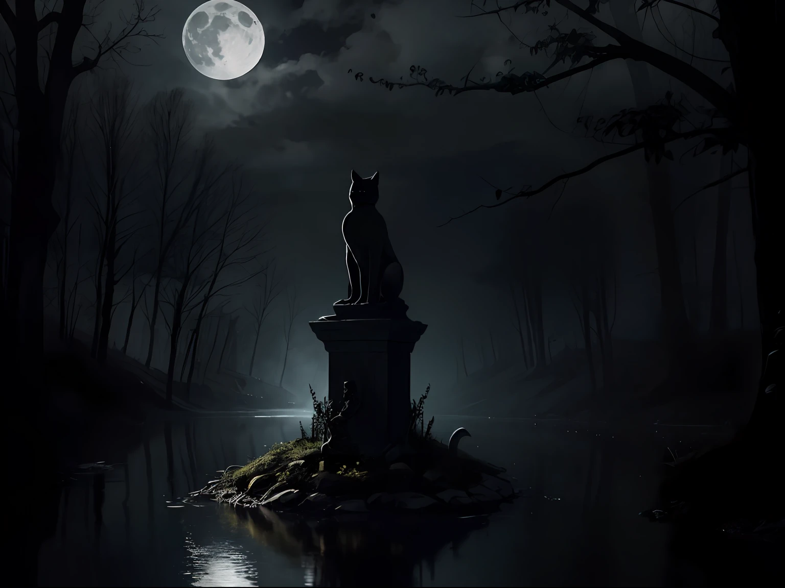 A TERRIFYING STATUE of a TOTALLY GRAY CAT gleaming at night with the moon in the background in a dark and macabre forest and a reflective river in the background, Clima denso, gothic horror vibes, arte de fantasia de terror, cores mortas