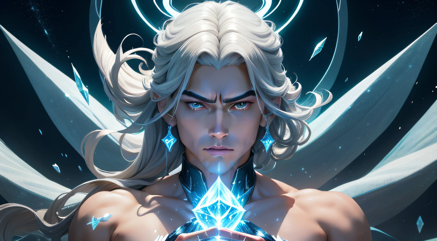 "Compose a scene where Hyoga of Cygnus exhibits his mastery by skillfully applying the Diamond Dust technique, causing shimmering ice crystals to envelop his surroundings and freeze the air itself, showcasing both his exceptional control over cryokinesis and the breathtaking beauty of his power."