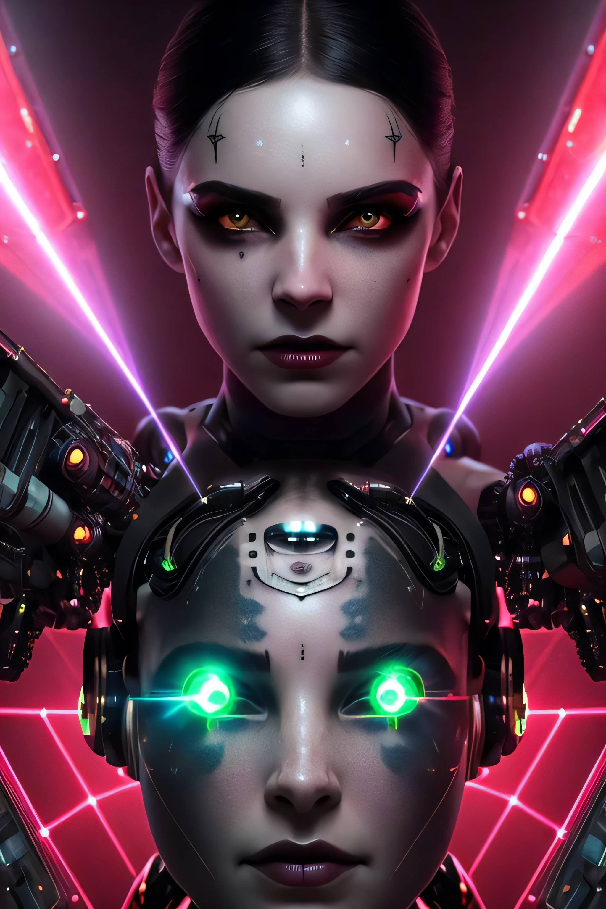 (highly detailed:1.2),(best quality:1.2),8k,sharp focus,(subsurface scattering:1.1),(nsfw:1.1), (award winning photograph:1.2),1girl, (many many detailed black tattoos on face:1.2), by emb-rrf-low,(many many thick black dark tattoos on body nose and eyes:1.2),(close shot:1.2), (separation of face segments:1.1), (deep seams on face and body:1.2)
(beautiful cyborg with scifi laser gun:1.3), (shooting lasers at enemy robots:1.3), (dynamic action pose:1.2), neon glow under the skin
(very detailed clothes:1.2), (highly detailed background:1.3), RPG, Elden Ring, (scifi:1.2), (hyperrealistic:1.2), dramatic lighting,artstation, artgerm, greg rutkowski, alphonse mucha, trending on artstation, trending on deviantart, wlop