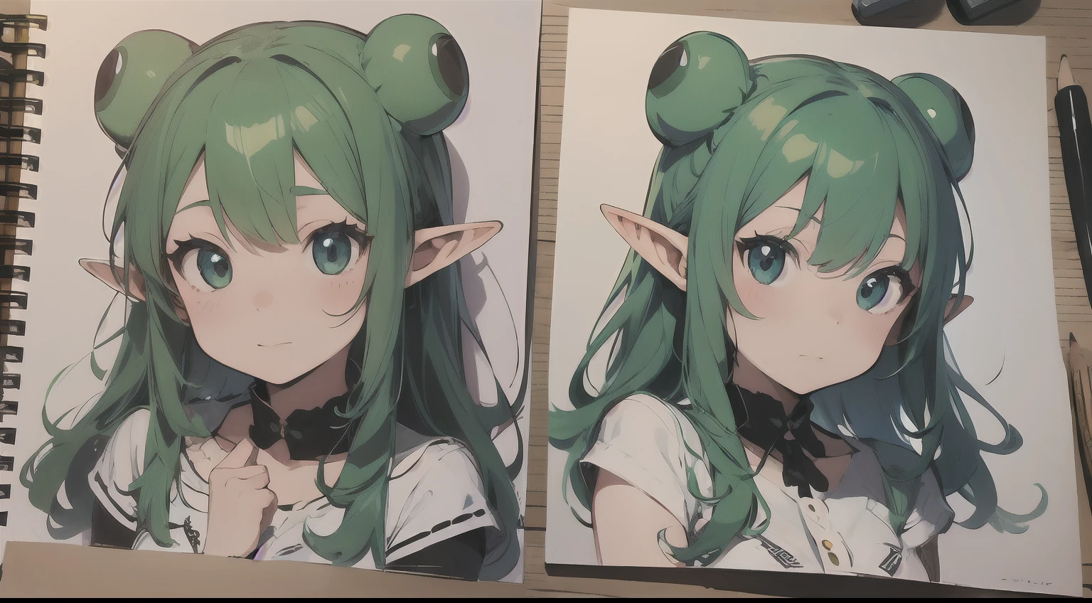Cute elf characters drawn in realistic hand-drawn style、I like frogs、私はカエルの可愛い❤帽子をかぶっています