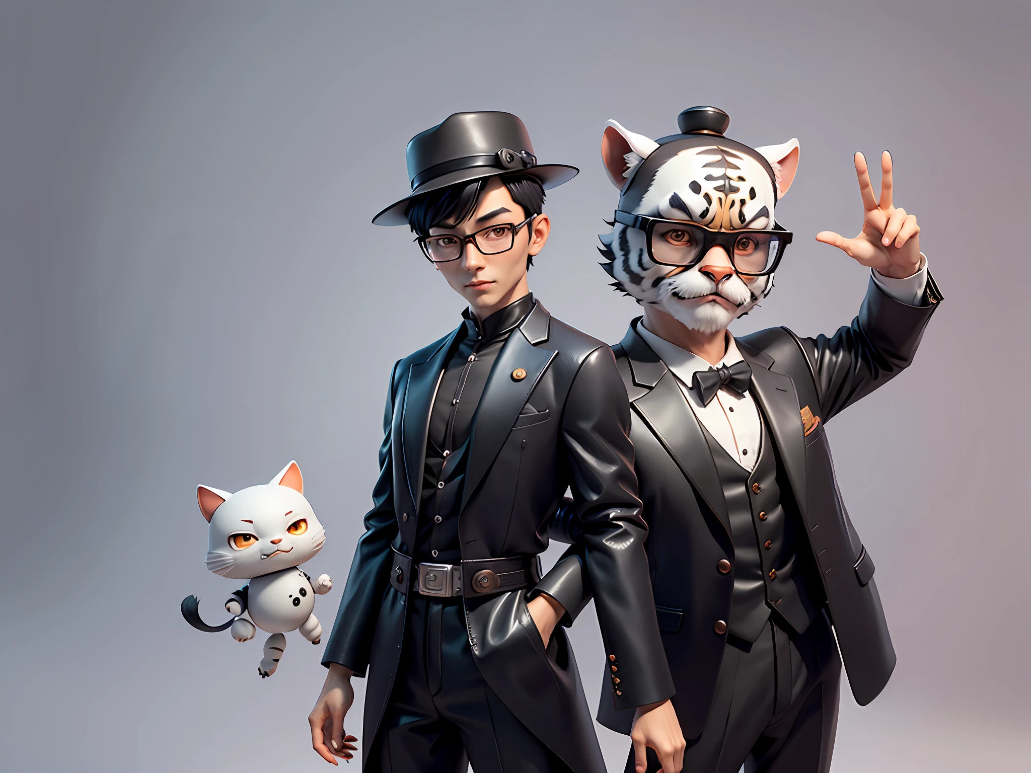 Young man with oriental face in leather hat, tiger, oriental face in formal suit, short black hair, silver glasses, digital painting, 3D character design by Mark Clairedon and Pixar and Hayao Miyazaki and Akira Toriyama, the illustration is a high-definition illustration in 4K resolution with very detailed facial features and cartoon-style visuals.
