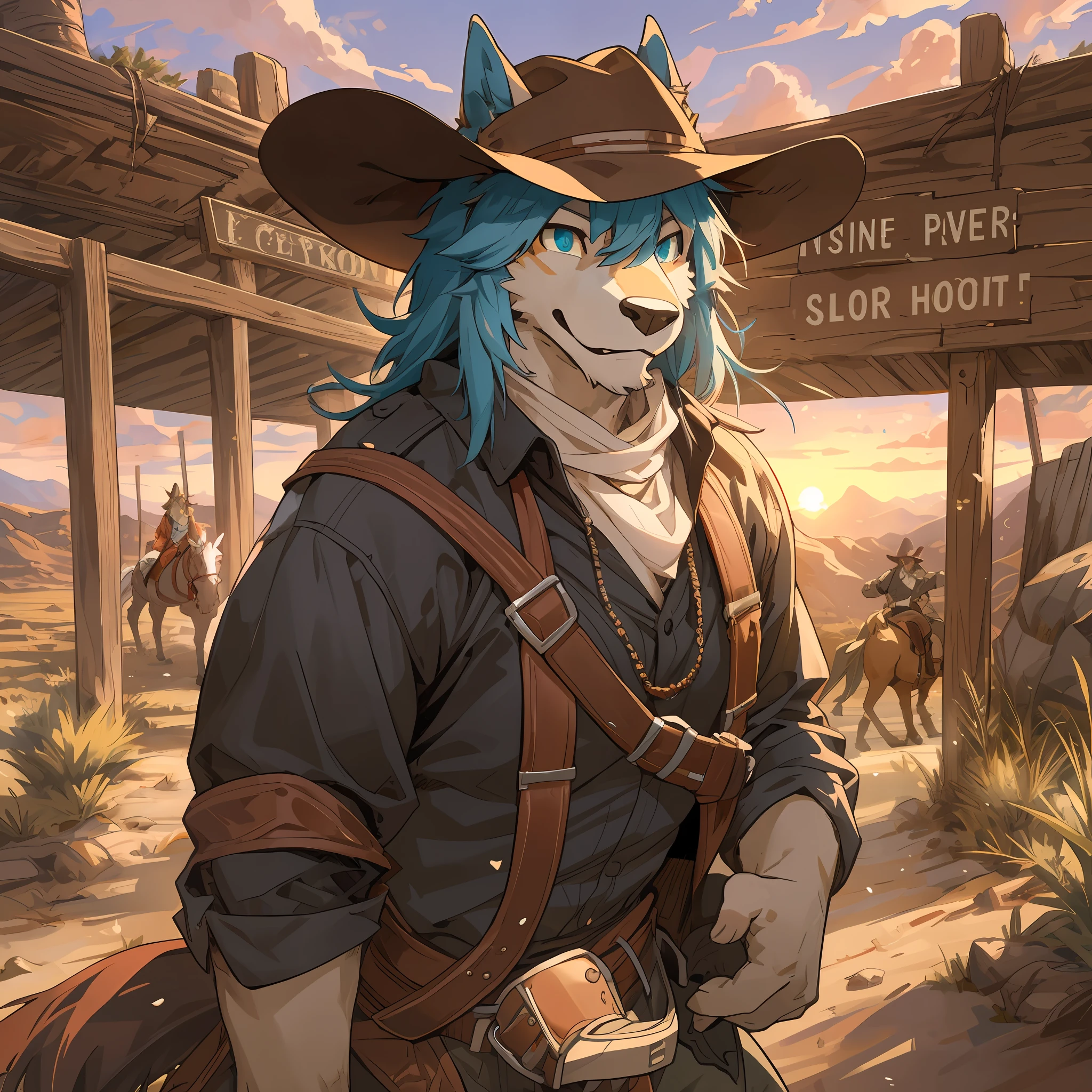 top quality, best quality, High-quality illustrations, masterpiece, super high resolution, detailed background, The desolate and rugged desert landscape at sunset, with the sky turning shades of red and the dry earth stretching into the distance, Cowboys racing across the prairie, stirring up dust as the sound of horse hooves echoes through the air, A lone sheriff standing at the entrance of a saloon, with a wooden sign swaying gently behind him, A gunslinger suddenly emerging from the shadows, his sharp gaze and the silence creating a tense atmosphere, 6+boys, 6+girls, absurdres(highly detailed beautiful face and eyes)perfect anatomy, expression, good lighting, cinematic shadow(kemono, furry anthro)assorted poses, dynamic angle,