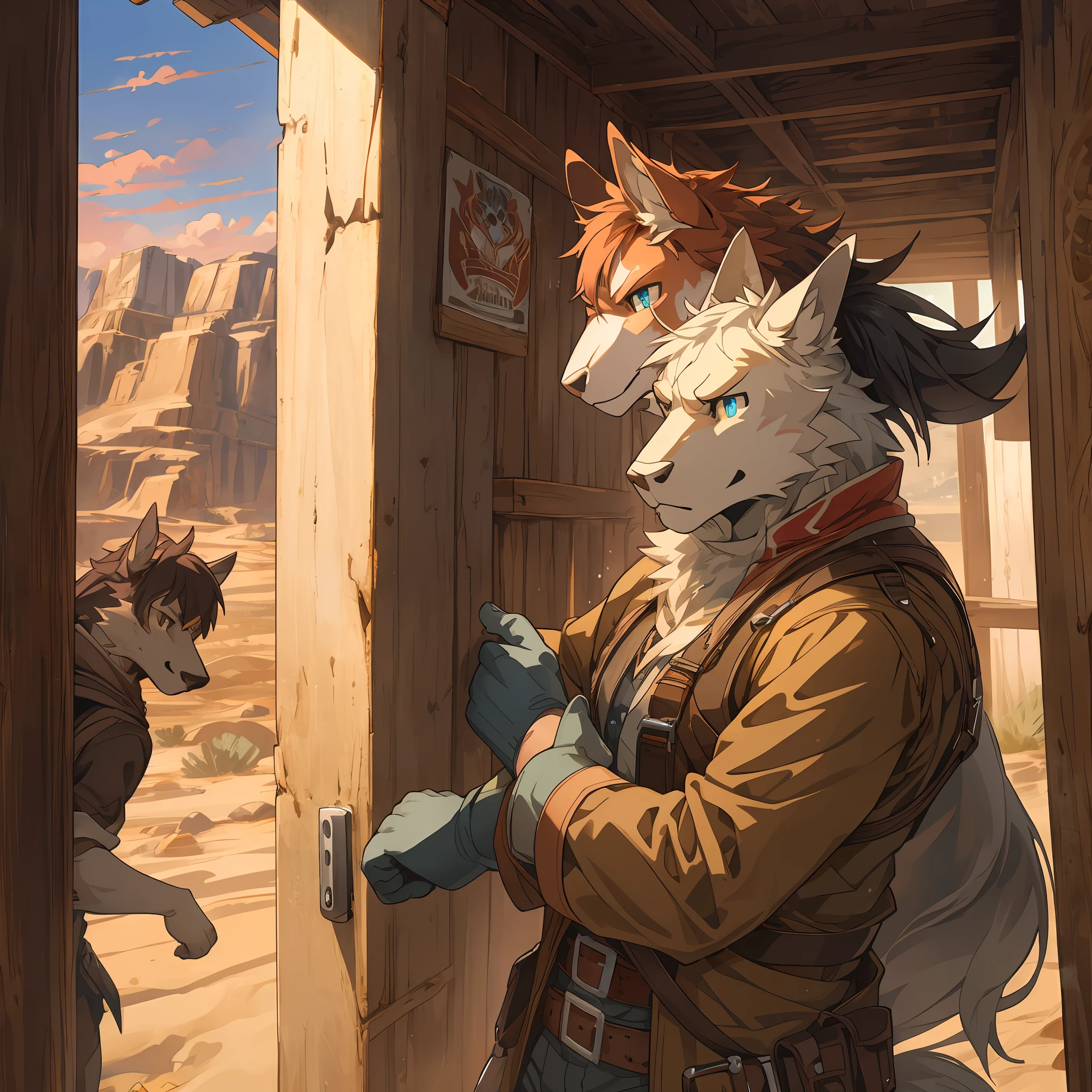 top quality, best quality, High-quality illustrations, masterpiece, super high resolution, detailed background, The desolate and rugged desert landscape at sunset, with the sky turning shades of red and the dry earth stretching into the distance, Cowboys racing across the prairie, stirring up dust as the sound of horse hooves echoes through the air, A lone sheriff standing at the entrance of a saloon, with a wooden sign swaying gently behind him, A gunslinger suddenly emerging from the shadows, his sharp gaze and the silence creating a tense atmosphere, 6+boys, 6+girls, absurdres(highly detailed beautiful face and eyes)perfect anatomy, expression, good lighting, cinematic shadow(kemono, furry anthro)assorted poses, dynamic angle,