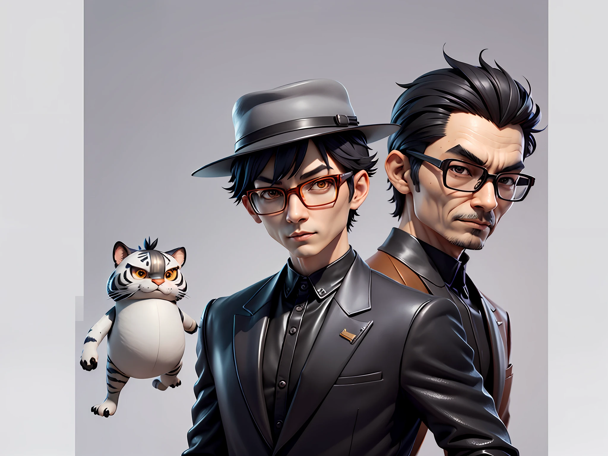 Young man with oriental face in leather hat, tiger, oriental face in formal suit, short black hair, silver glasses, digital painting, 3D character design by Mark Clairedon and Pixar and Hayao Miyazaki and Akira Toriyama, the illustration is a high-definition illustration in 4K resolution with very detailed facial features and cartoon-style visuals.