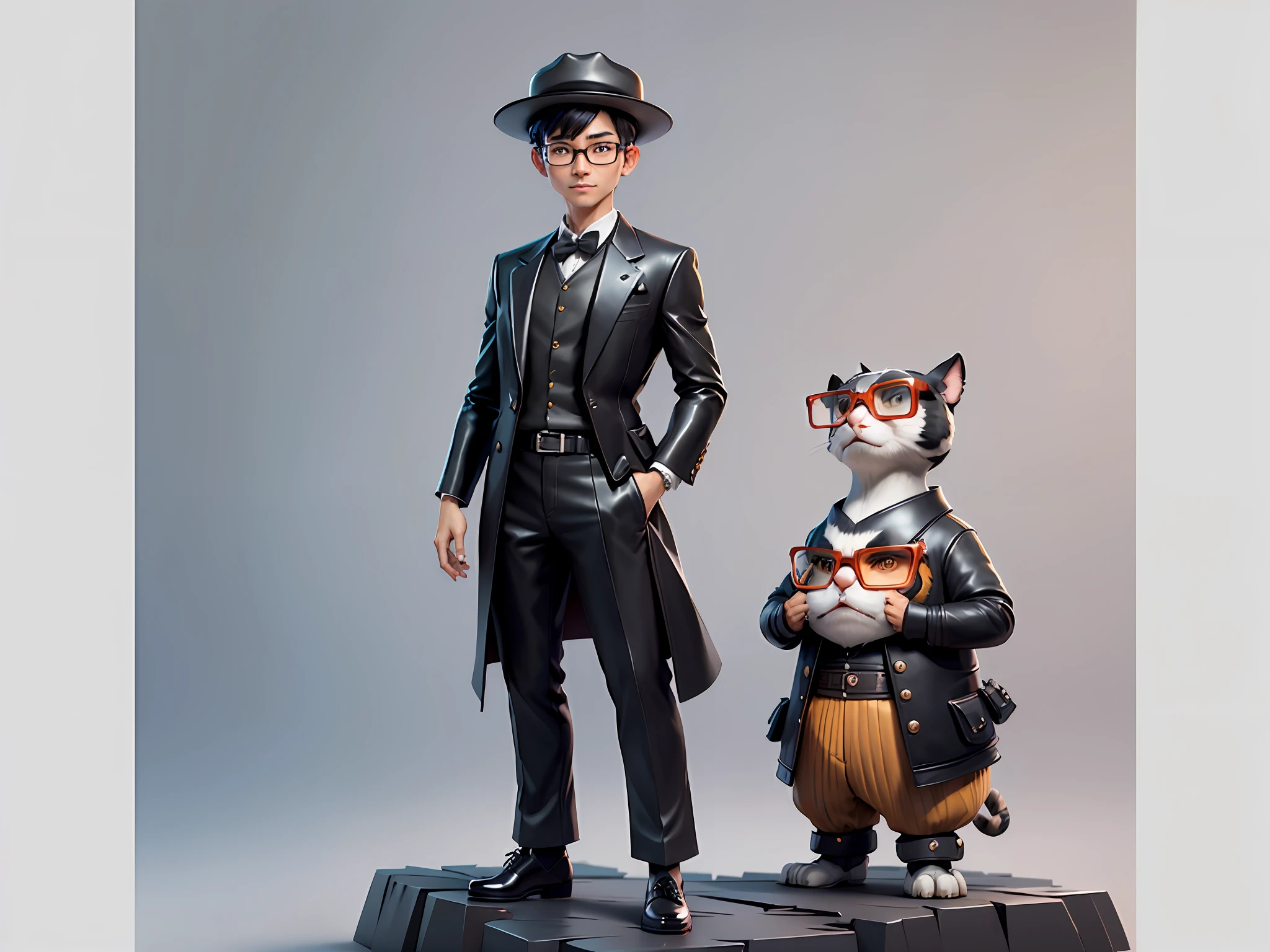 Young man with oriental face in leather hat, tiger, oriental face in formal suit, short black hair, silver glasses, digital painting, 3D character design by Mark Clairedon and Pixar and Hayao Miyazaki and Akira Toriyama, the illustration is a high-definition illustration in 4K resolution with very detailed facial features and cartoon-style visuals.
