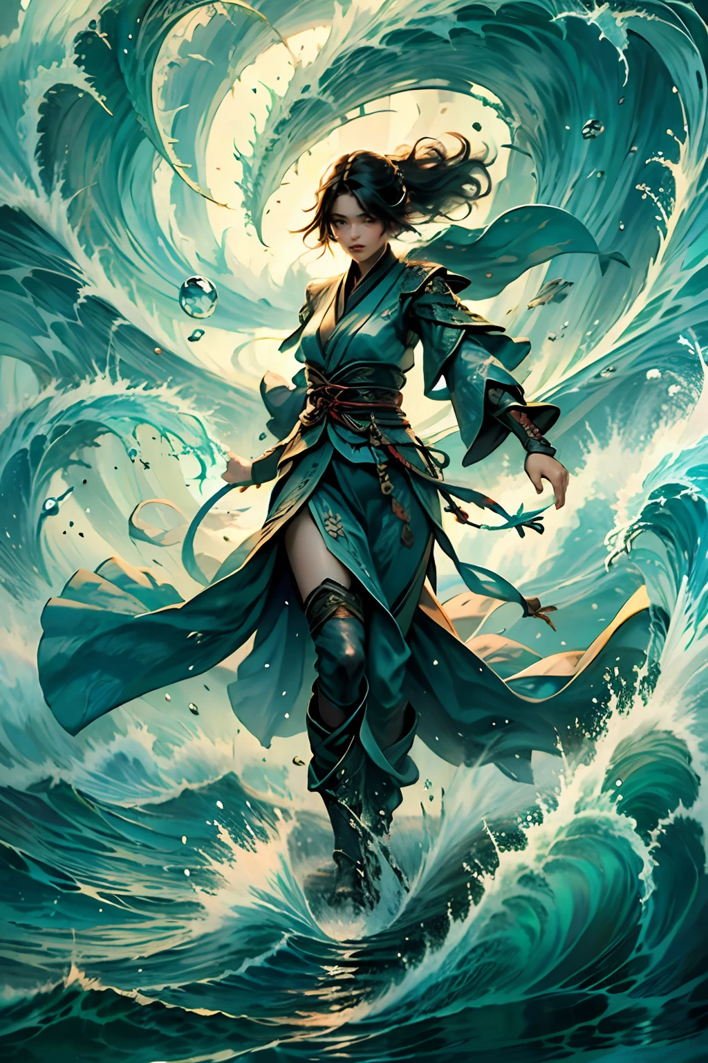 Best quality,masterpiece,ultra high res,,yushuishu,1girl,solo,black hair,water,waves,lips,full body,
