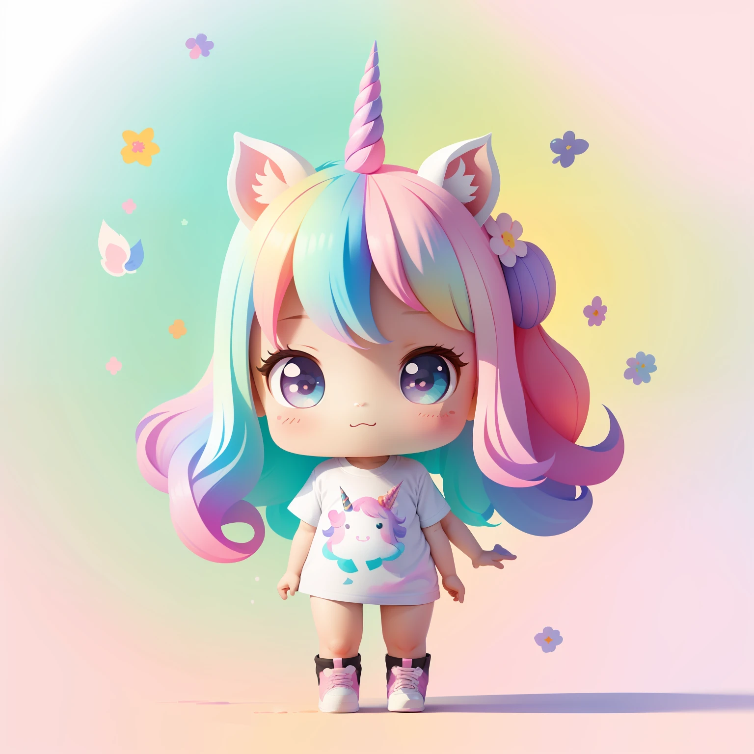 cute unicorn, t-shirt design, flower splash, t-shirt design, in chibi style, pastel colors, vector art, cute and quirky, watercolor effect, bokeh, digital painting, soft lighting, Blush