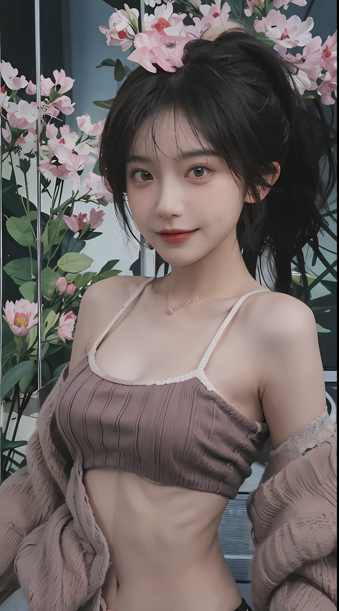 best qualtiy, 超高分辨率, (realisticlying:1.4),cute hairpin,Baoyu Girl,1girll, Raised sexy,a sense of atmosphere,Royal Sister,Beautiful woman with a slim figure:1.4, Abs:1.2, (High ponytail, mideum breasts:1.3), Pink cropped sweater:1.4, 浴室,Ultra-fine face,Elaborate Eyes,二重まぶた,ssmile,choker necklace