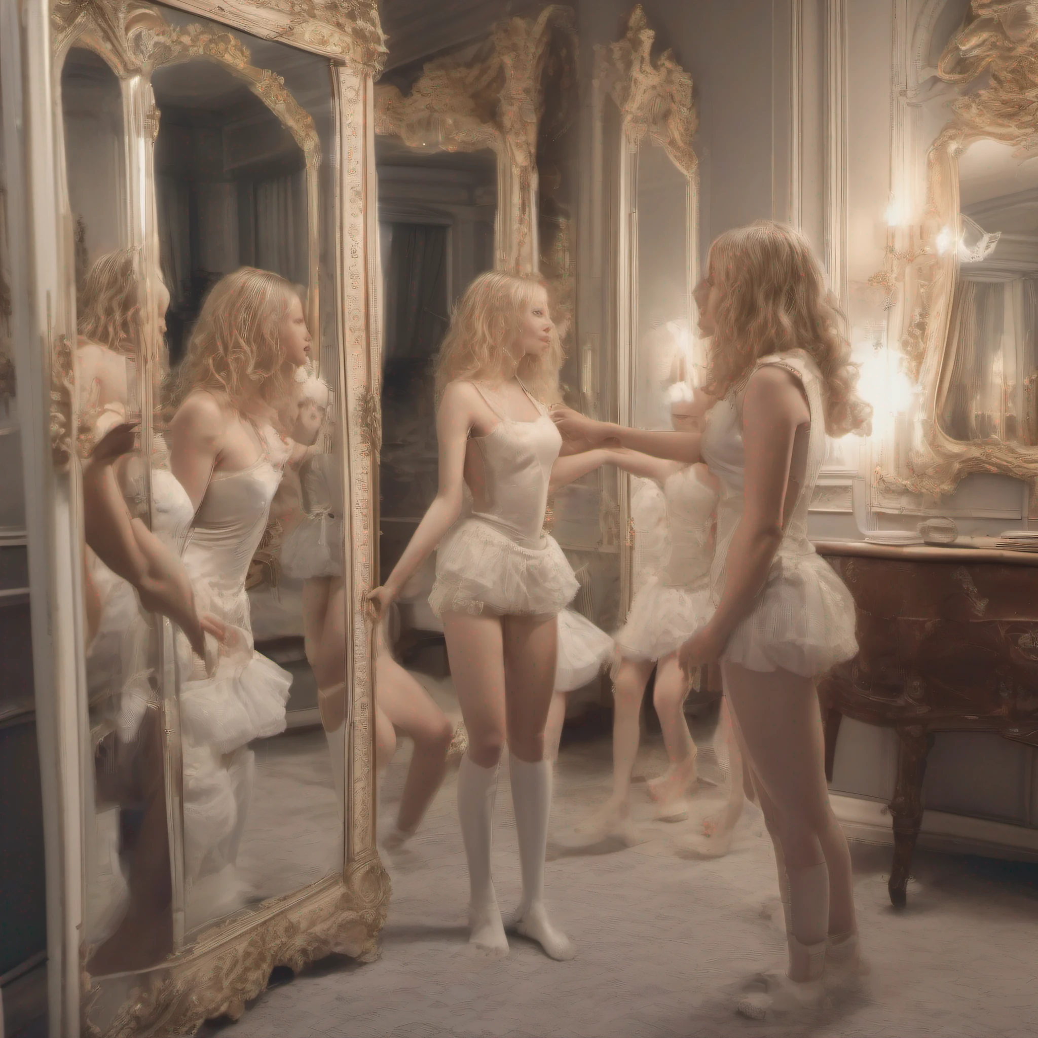 identical blonde octuplets, in a fancy room, victorian style, hugging the girl next to her, kissing each other in the mouth, some of them are in the background filling the entire space of the room, looking at themselves, looking to big sized mirrors on the wall, reflections of them in the mirror with mirror images of them and looking at them, some of them playing with each other, smiling, symmetrical body, full body, entire body, realistic, 22 years old, large-breasted, wearing nothing, muscular and athletic bodies, showing legs and thighs, showing knees, beautiful face, sunlight, cinematic light, perfect eyes, perfect anatomy, very cute, centered image, life size, 8k resolution, human hands, wonderful, elegant, approaching perfection, dynamic, highly detailed, smooth, stunningly beautiful girls, detailed hairstyle, hand with five fingers, body with two arms, body with two legs, bodies with same height, same color hair, straight hair, ((light blonde hair)), raw, 8k, looking at themselves, body in the background with torso and legs, wide angle shot, dynamic angle,