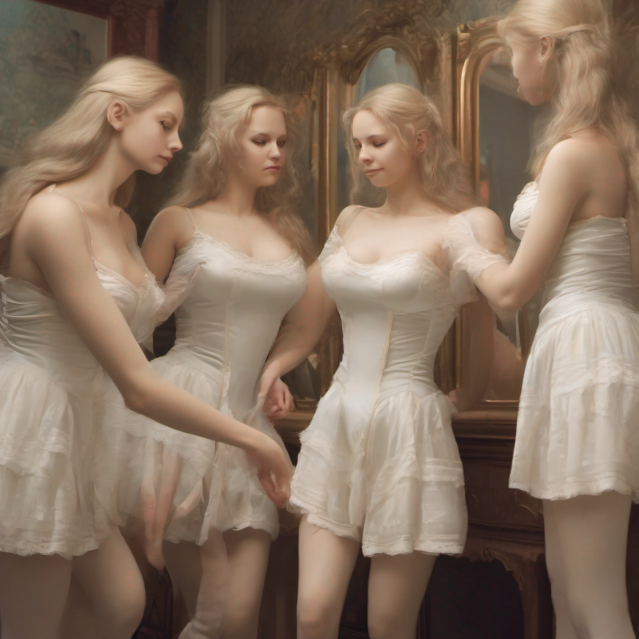 identical blonde octuplets, in a fancy room, victorian style, hugging the girl next to her, kissing each other in the mouth, some of them are in the background filling the entire space of the room, looking at themselves, looking to big sized mirrors on the wall, reflections of them in the mirror with mirror images of them and looking at them, some of them playing with each other, smiling, symmetrical body, full body, entire body, realistic, 22 years old, large-breasted, wearing nothing, muscular and athletic bodies, showing legs and thighs, showing knees, beautiful face, sunlight, cinematic light, perfect eyes, perfect anatomy, very cute, centered image, life size, 8k resolution, human hands, wonderful, elegant, approaching perfection, dynamic, highly detailed, smooth, stunningly beautiful girls, detailed hairstyle, hand with five fingers, body with two arms, body with two legs, bodies with same height, same color hair, straight hair, ((light blonde hair)), raw, 8k, looking at themselves, body in the background with torso and legs, wide angle shot, dynamic angle,