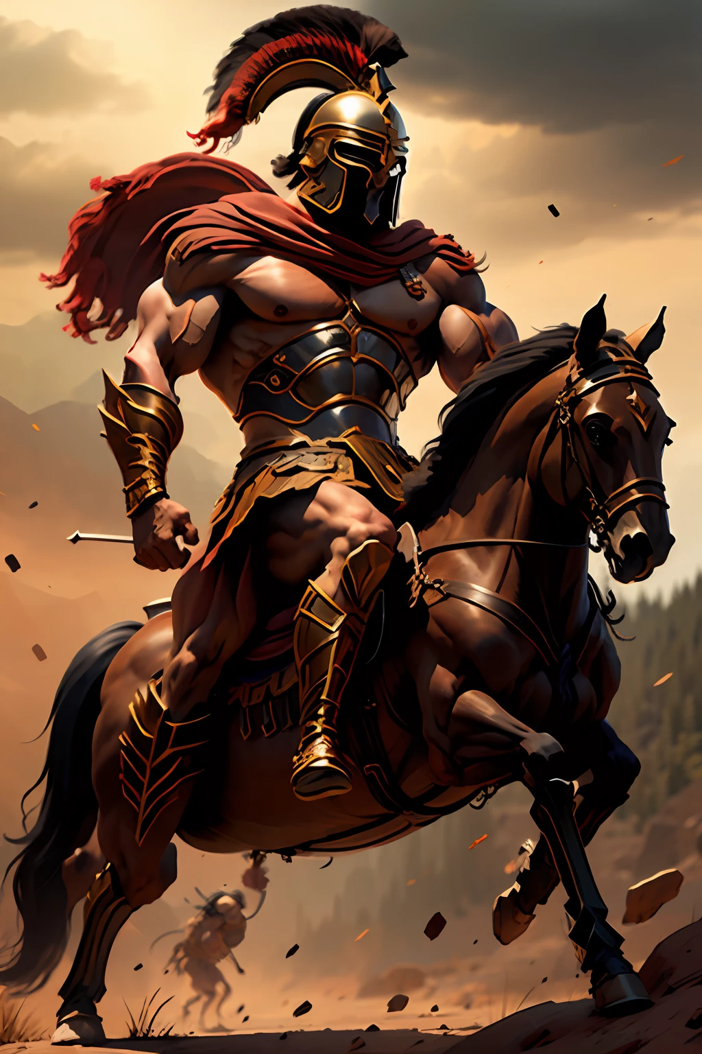Muscular warrior riding a legendary hours in the style of SP4RT4
