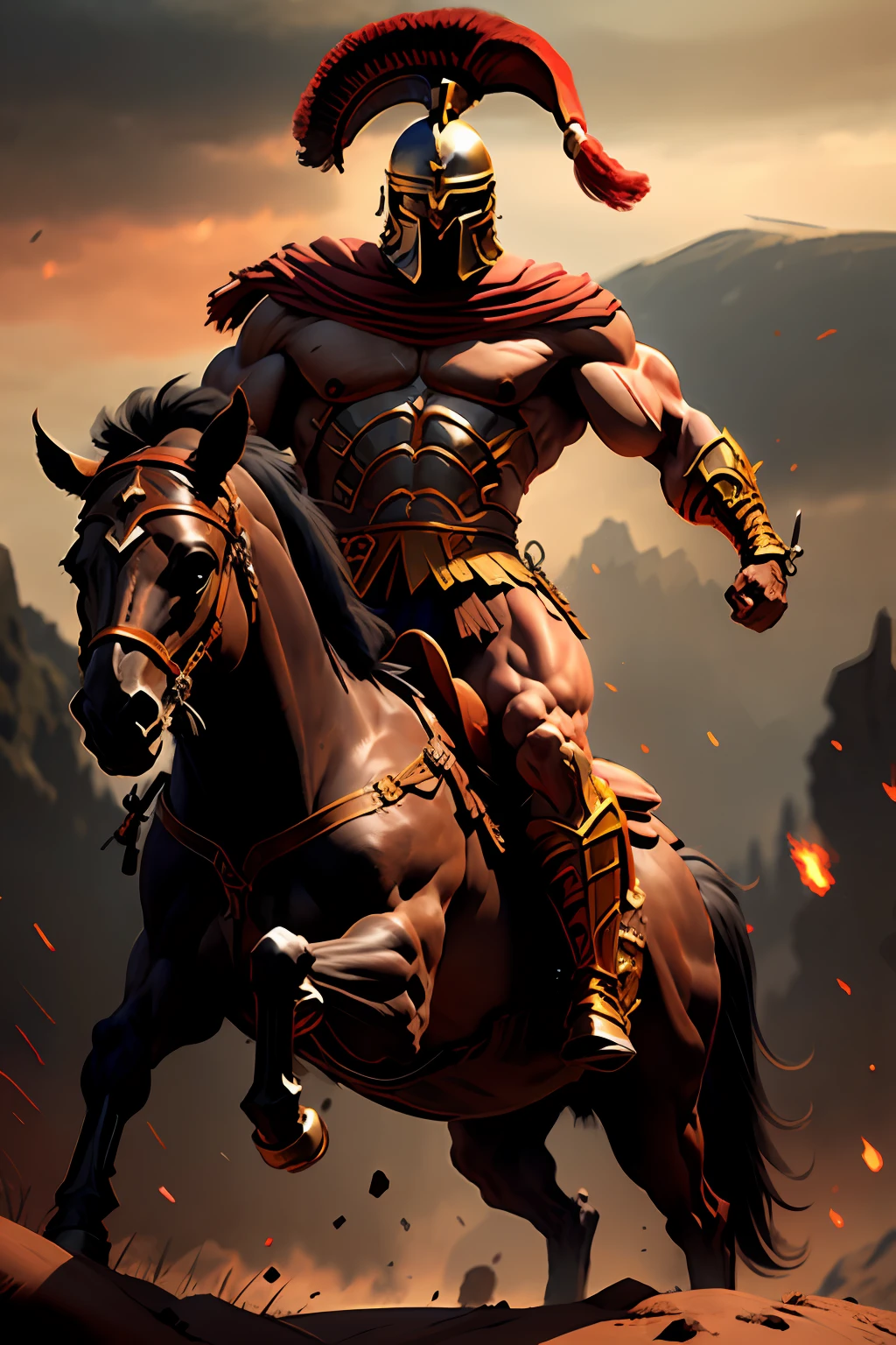 Muscular warrior riding a legendary hours in the style of SP4RT4