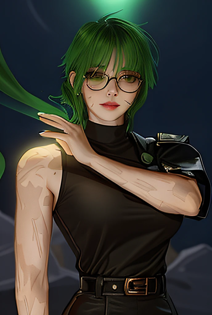 mujer de cabello corto y verde, mujer con lentes circulares, mujer con cicatrices por todo el cuerpo, ropa oscura y cintura gruesa