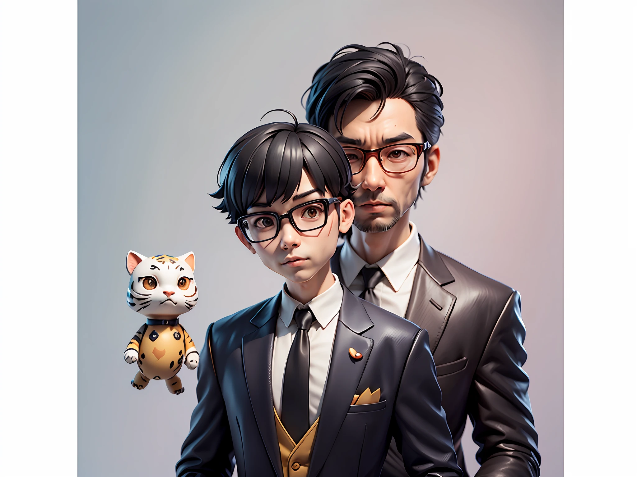 Young man with oriental face in leather hat, tiger, oriental face in formal suit, short black hair, silver glasses, digital painting, 3D character design by Mark Clairedon and Pixar and Hayao Miyazaki and Akira Toriyama, the illustration is a high-definition illustration in 4K resolution with very detailed facial features and cartoon-style visuals.