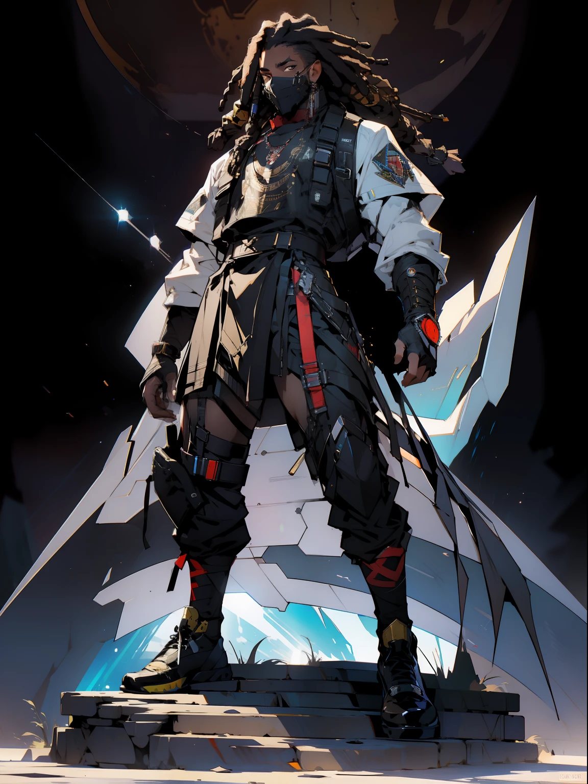 ((Best quality)), ((masterpiece)), (((full body))), (cloth brands), (detailed: 1.4), (Absurd), Zulu warrior, African bracelets and necklaces, black skin, cybernetic hands, Clothing with spectacular tribal designs, explosion of colors, cosmic tattoo, muscular sculptural body defined, whole body, body covered by technological clothing, cyberpunk, (super light brown eyes), (((hair with dreadlocks)))), various African jewelry, garter belt made with barbed wire, by mucha, niji --V5, close to real, psychopath, crazy face, action pose, fractal background, superhero clothes, pastel, centered, scale to fit the dimensions, HDR (High Dynamic Range),Ray Tracing,NVIDIA RTX, Super-Resolution,Unreal 5,Subsurface Dispersion, PBR Texture, Post-processing, Anisotropic Filtering, Depth of Field, Maximum Clarity and Sharpness, Multilayer Textures, Albedo and Specular Maps, Surface Shading, Accurate Simulation of Light-Material Interaction, Perfect Proportions, Octane Render, Two-Tone Lighting, Wide Aperture, Low ISO, White Balance, Rule of Thirds, 8K RAW, Crysisnanosuit