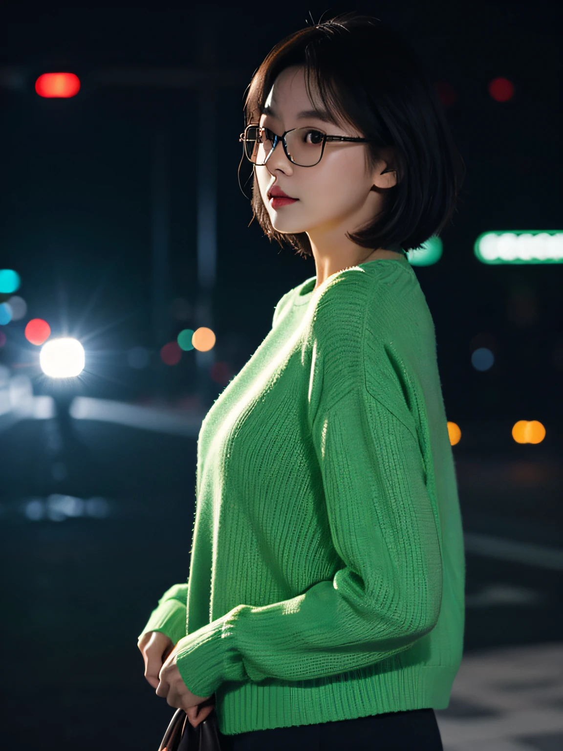 best qualtiy, tmasterpiece, 超高分辨率, (realisticlying:1.5), RAW photogr, 1girll, bshoulders, in the darkness nigth, deep shading, low tune, cold light, Sexy look, short detailed hair,With glasses,Green sweater,At the platform,Side face