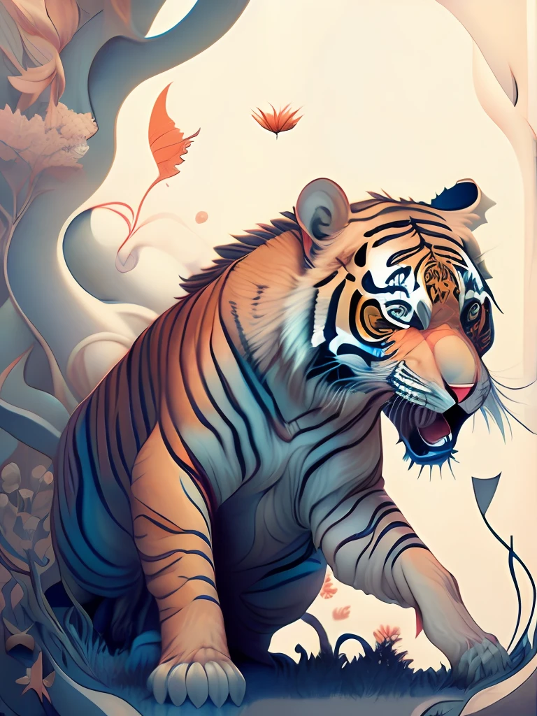 Tiger jumping out of book in front of white background by James Jean