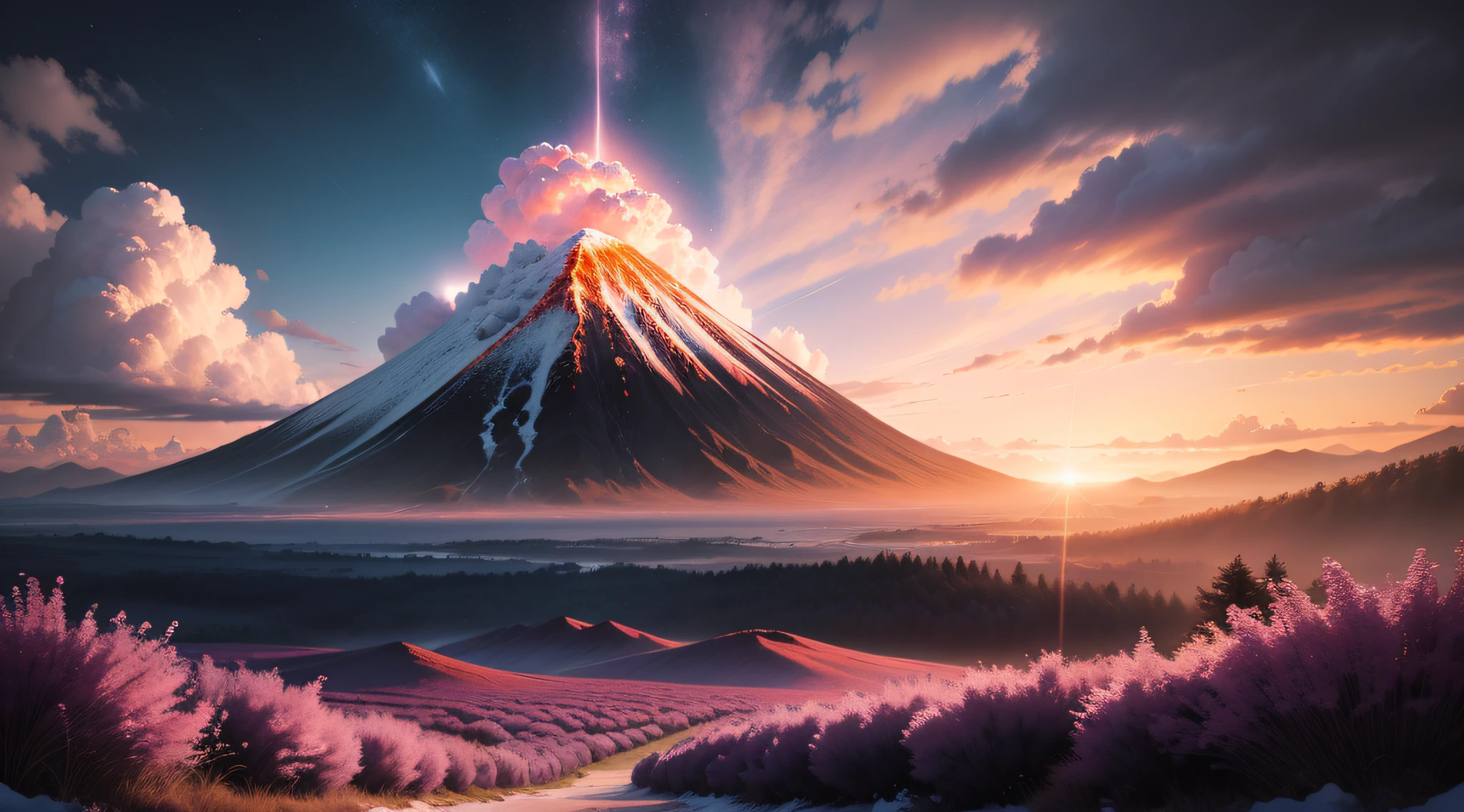 "Imagine an anime-inspired masterpiece that captures the essence of serene fantasy. Picture a dormant volcano, its imposing presence softened by a gentle coat of snow. The sky above is a canvas of mesmerizing pink and lavender hues, casting an otherworldly glow on the landscape. The volcano's slopes are adorned with intricate patterns of snow, each contour highlighted by the pastel tones of the sky. Delicate cherry blossoms drift through the air, adding a touch of ethereal magic to the scene. In this captivating world, the volcano stands as a sentinel of tranquility, a fusion of nature's strength and the delicate beauty of the anime aesthetic, inviting viewers into a realm of wonder and imagination."