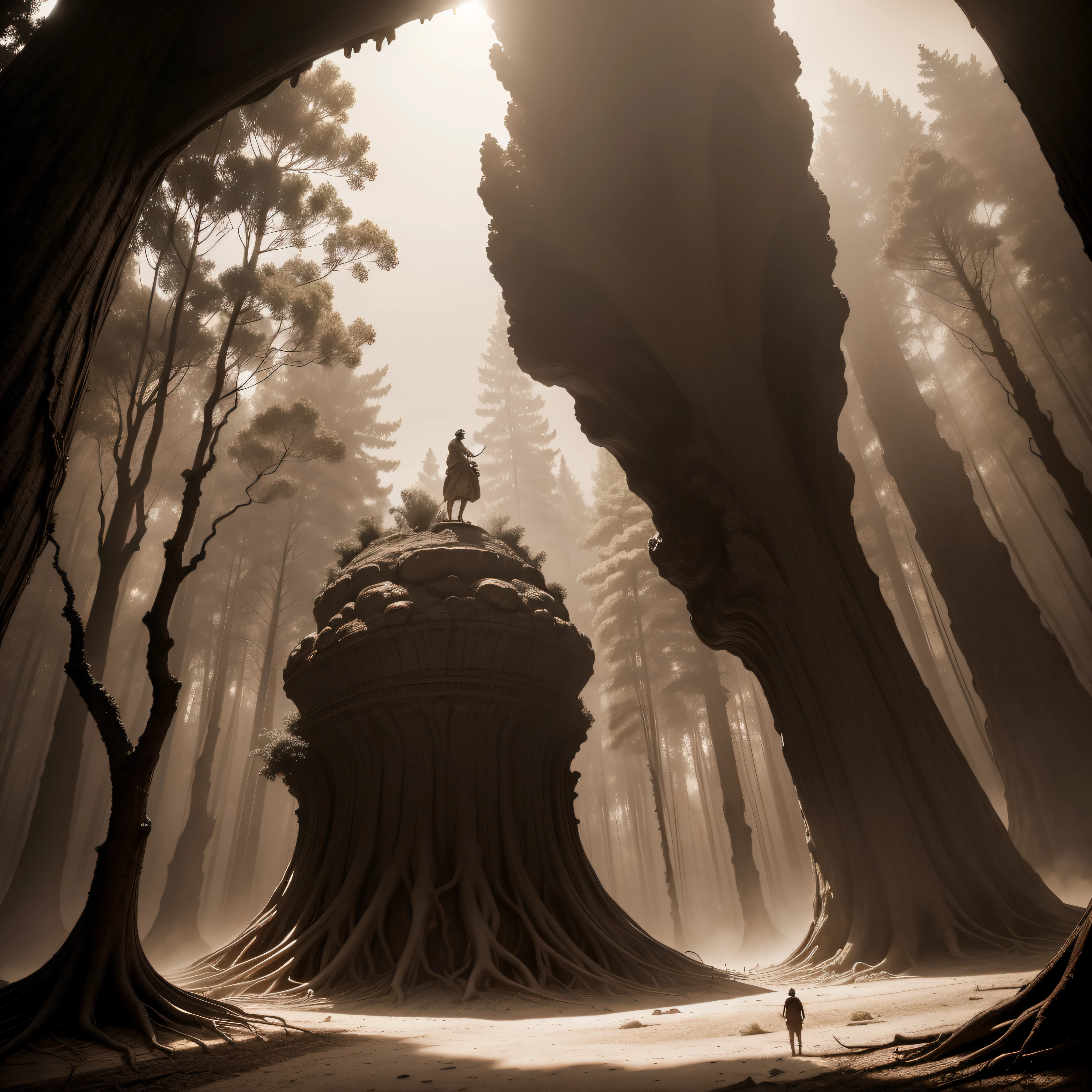 (extremadamente detallado, obra maestra, La mejor calidad, Tono sepia), un hombre con un hacha camina por un bosque. meteorito en el suelo, Giant crater. burned trees. Escultura barroca en ruinas. Daytime Lighting.