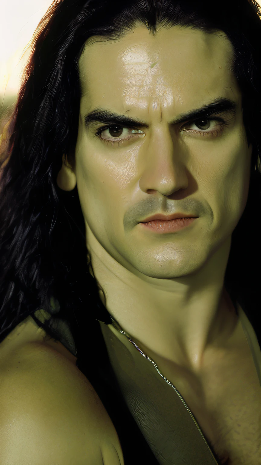 Peter Steele rock star, type o negative,  8k, Muscles and Green Regatta,  highes definition, sem barba, olhos verdes rosto detalhado, rosto detalhado, olhos verdes detalhados, cabelos longos e lisos e pretos detalhado, hiper-realista, + Cinematographic shot + dynamic compositing, incrivelmente detalhado, nitidez, detalhes + detalhes soberbos + noite com luz + perfeccionismo + realismo premiado ((soft-lighting))