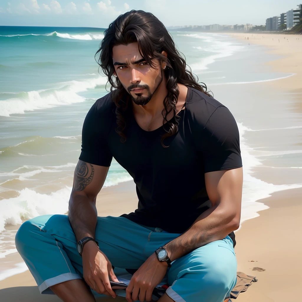 Um homem negro de cabelo cacheado sentado na praia