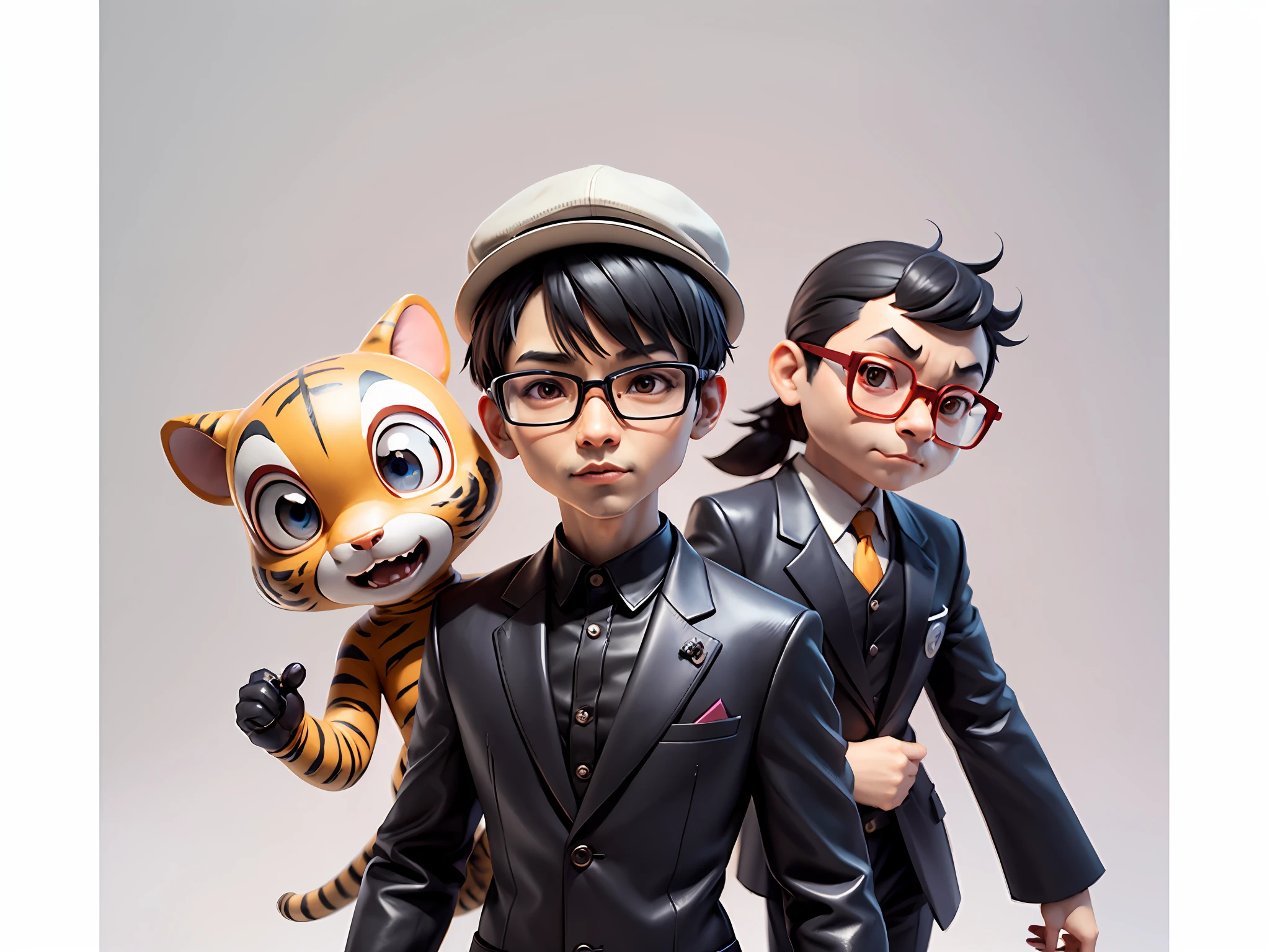 Young man with oriental face in leather hat, tiger, oriental face in formal suit, short black hair, silver glasses, digital painting, 3D character design by Mark Clairedon and Pixar and Hayao Miyazaki and Akira Toriyama, the illustration is a high-definition illustration in 4K resolution with very detailed facial features and cartoon-style visuals.