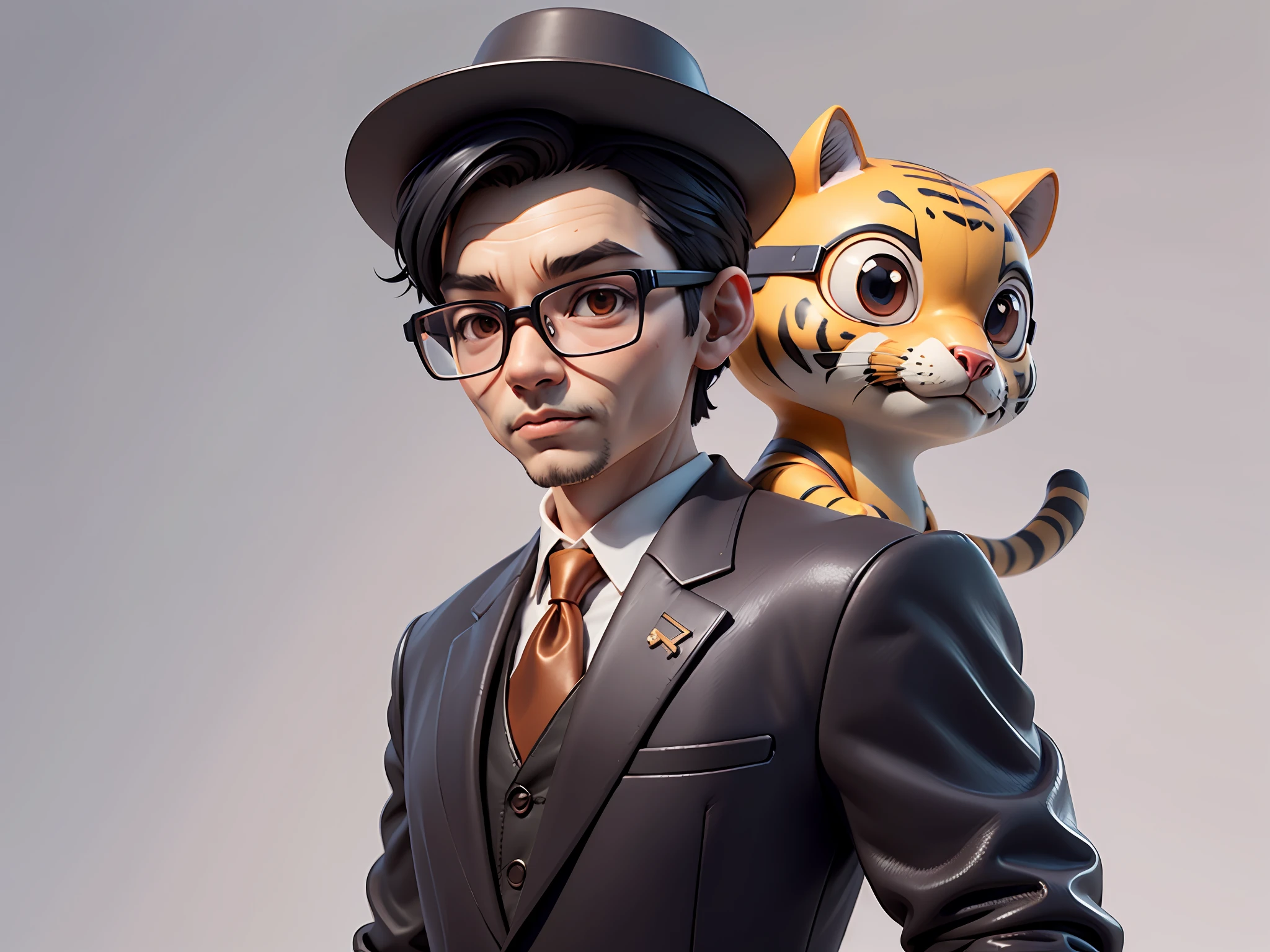 Young man with oriental face in leather hat, tiger, oriental face in formal suit, short black hair, silver glasses, digital painting, 3D character design by Mark Clairedon and Pixar and Hayao Miyazaki and Akira Toriyama, the illustration is a high-definition illustration in 4K resolution with very detailed facial features and cartoon-style visuals.
