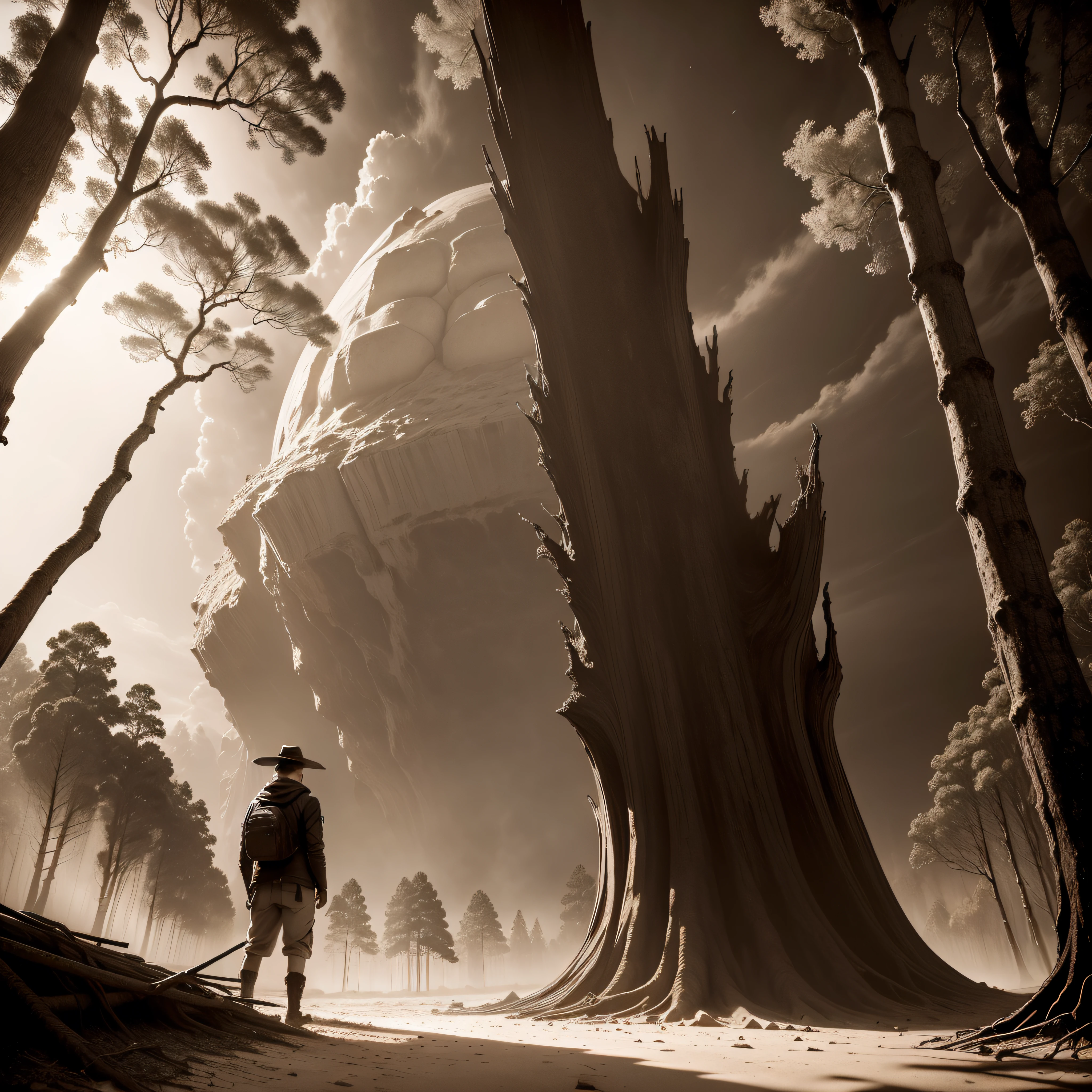 (extremadamente detallado, obra maestra, La mejor calidad, Tono sepia), un hombre con un hacha camina por un bosque. meteorito en el suelo, Giant crater. burned trees. Escultura barroca en ruinas. Daytime Lighting.