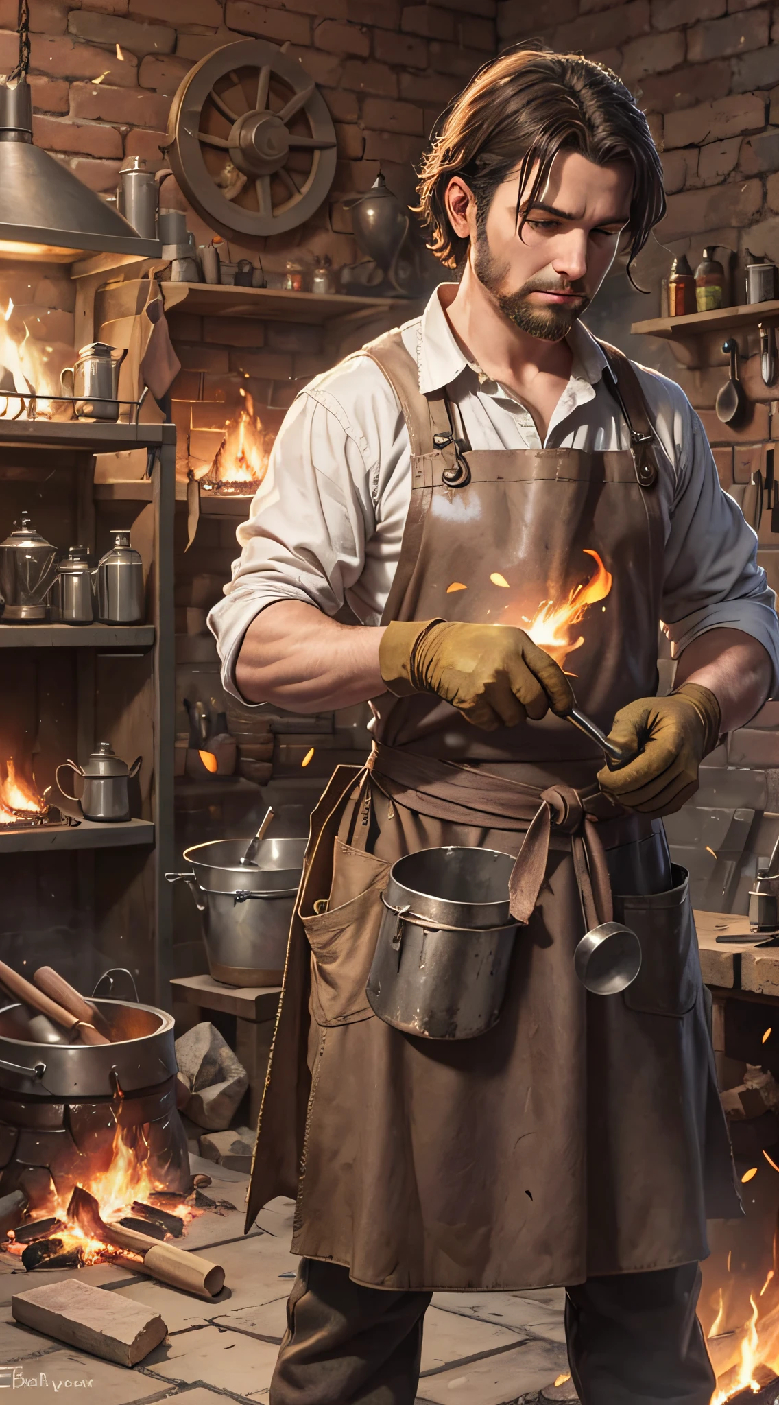 blacksmith holding a hammer working at an anvil, fire, embers, leather apron, medieval, detailed, magical, mouse watching, fantasy art