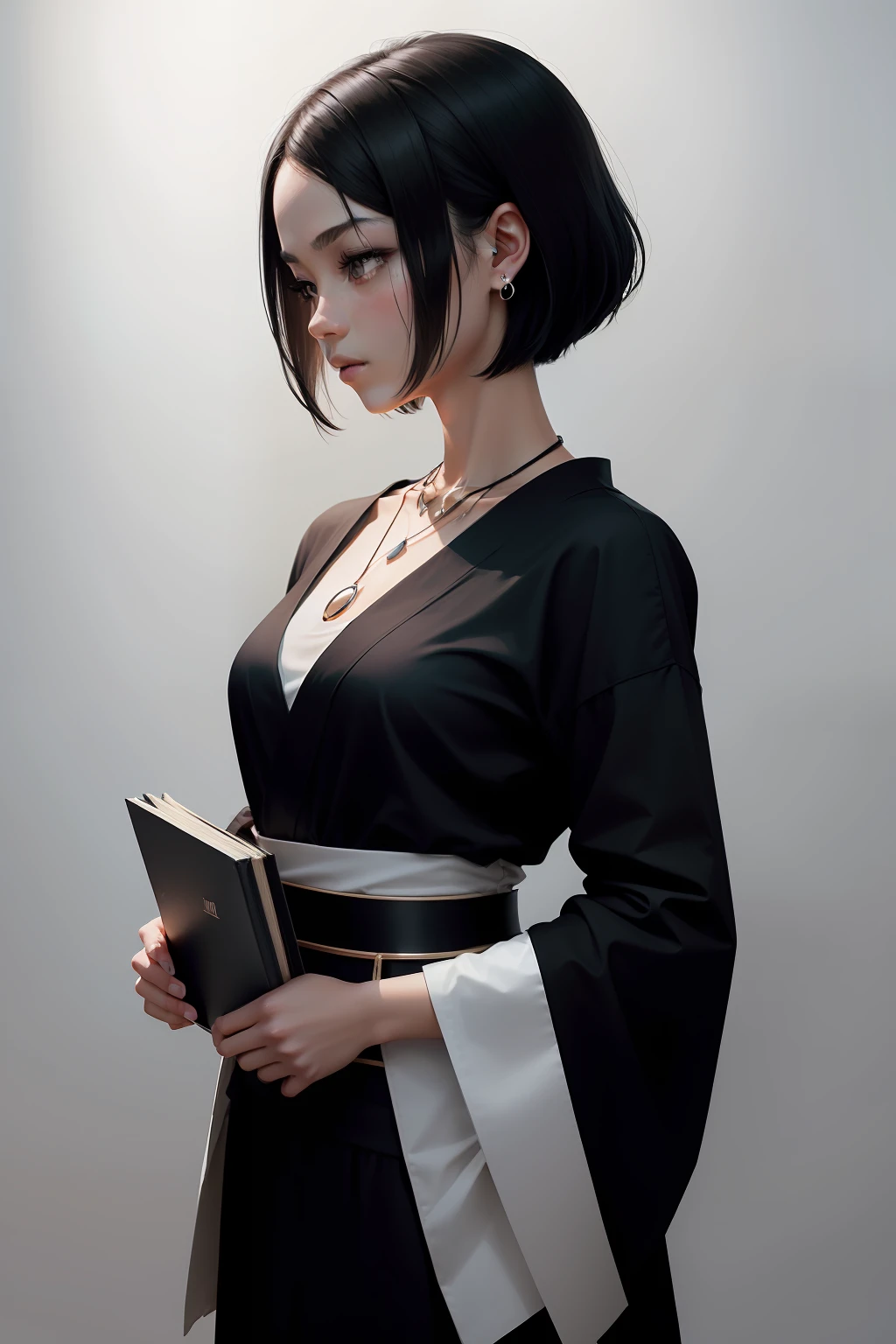 Subject: Silhouette of a 24-year-old Japanese woman., Pose: Standing with a book in one hand and a camera in the other., Hairstyle: Envision a short hair or bob cut style typical for a Japanese woman., Accessories: Add silhouettes of simple earrings and a necklace., Background: Use a stark black and white contrast. Consider a plain white background with the woman's silhouette in deep black, ensuring it stands out prominently., Style: Emphasize a bold black and white design to highlight the silhouette. Keep the design clean and avoid any intricate details, ensuring the woman's figure is the main focus., Format: This should be an illustration, not a photograph. Ensure it has a hand-drawn or digital art feel to it.