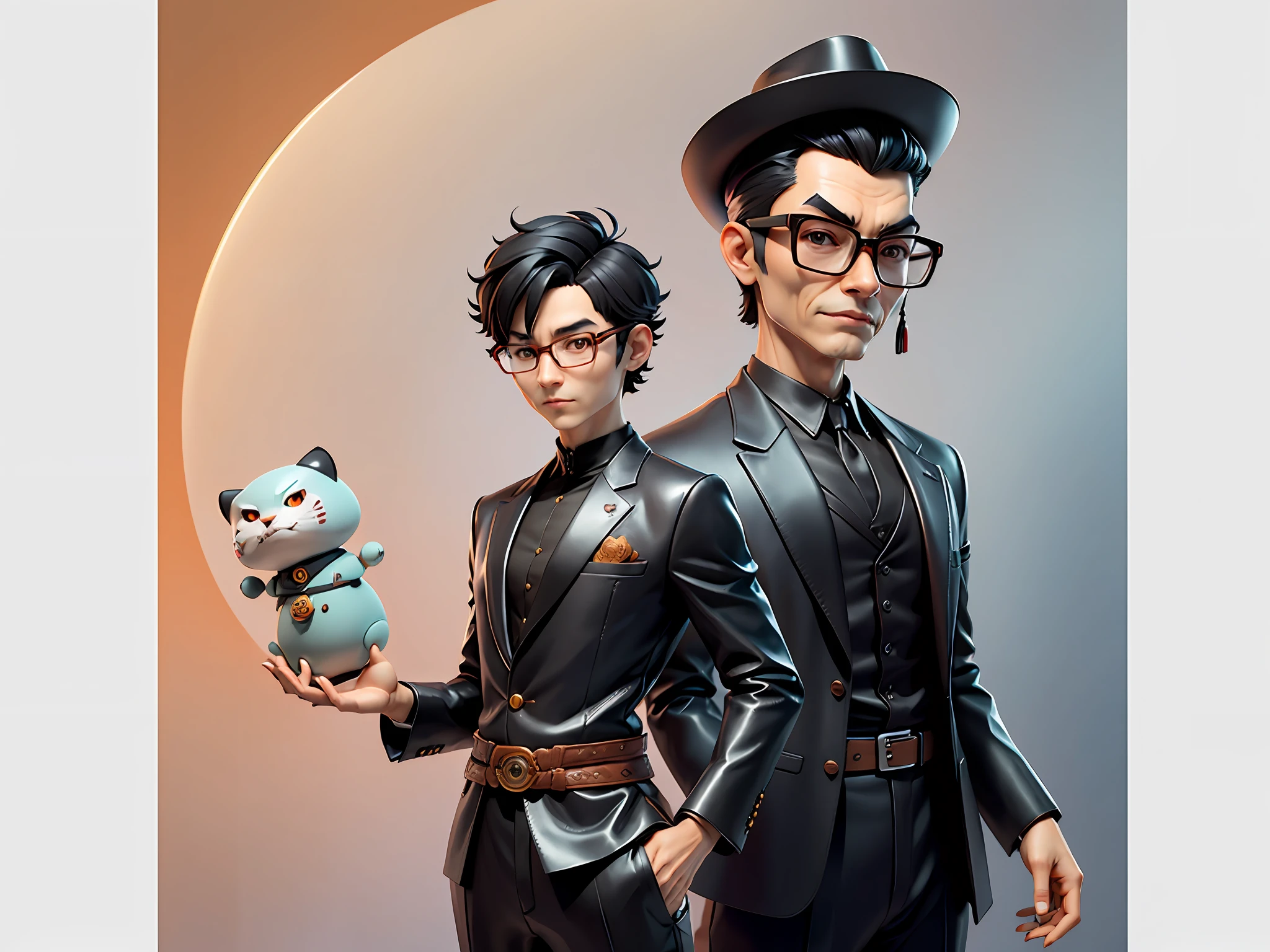 Young man with oriental face in leather hat, tiger, oriental face in formal suit, short black hair, silver glasses, digital painting, 3D character design by Mark Clairedon and Pixar and Hayao Miyazaki and Akira Toriyama, the illustration is a high-definition illustration in 4K resolution with very detailed facial features and cartoon-style visuals.