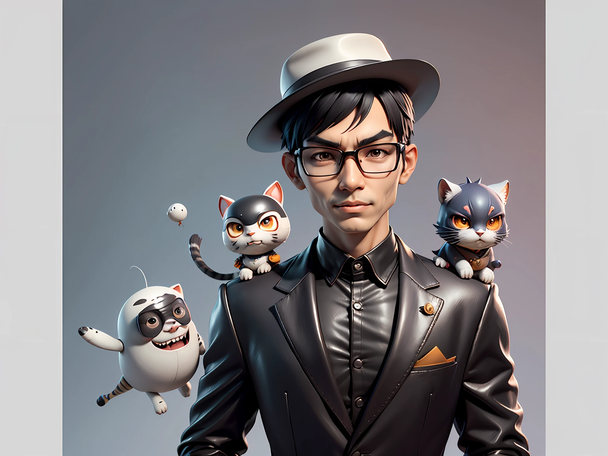 Young man with oriental face in leather hat, tiger, oriental face in formal suit, short black hair, silver glasses, digital painting, 3D character design by Mark Clairedon and Pixar and Hayao Miyazaki and Akira Toriyama, the illustration is a high-definition illustration in 4K resolution with very detailed facial features and cartoon-style visuals.