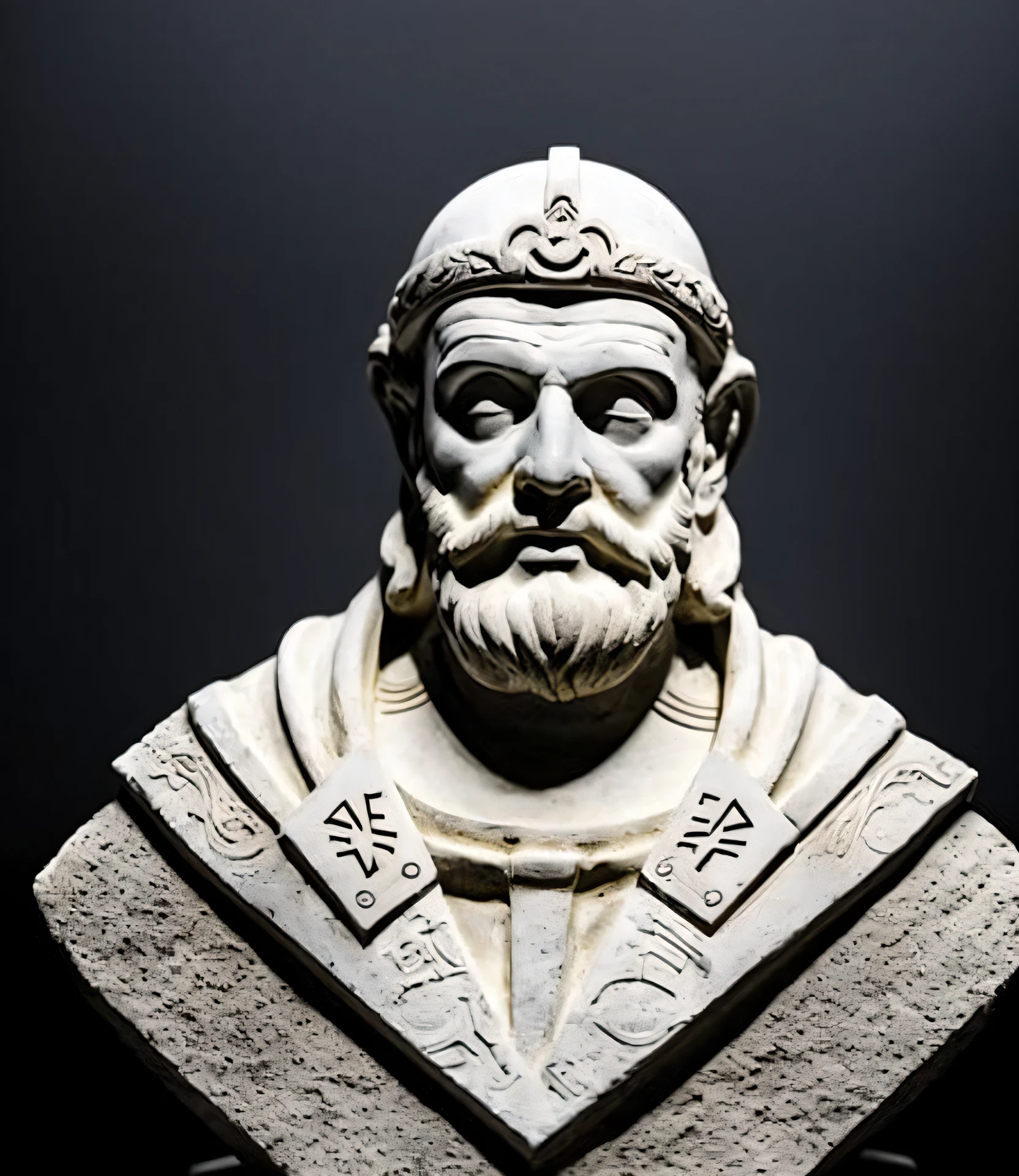 mockup, marble bust sculpture of geometric ancient undead priest warrior astrologist, full view, magical astrological esoteric symbols, Bauhaus, intricately decorated, medium shot, (black background:1.3)
