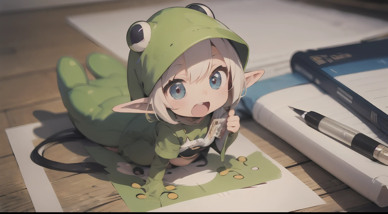 Cute elf character drawn in realistic hand drawn style、I like frogs、私はカエルの可愛い❤帽子をかぶっています