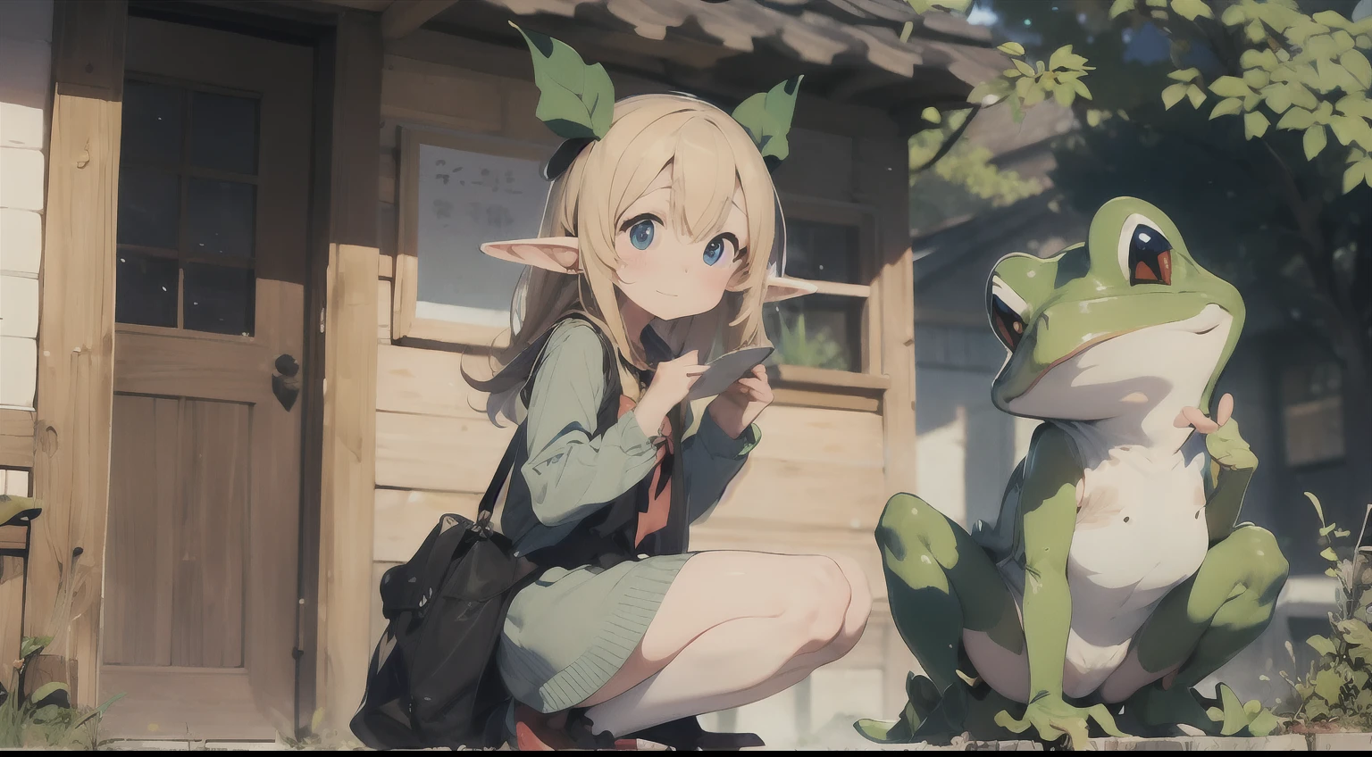 Cute elf character drawn in realistic hand drawn style、I like frogs、私はカエルの可愛い❤帽子をかぶっています