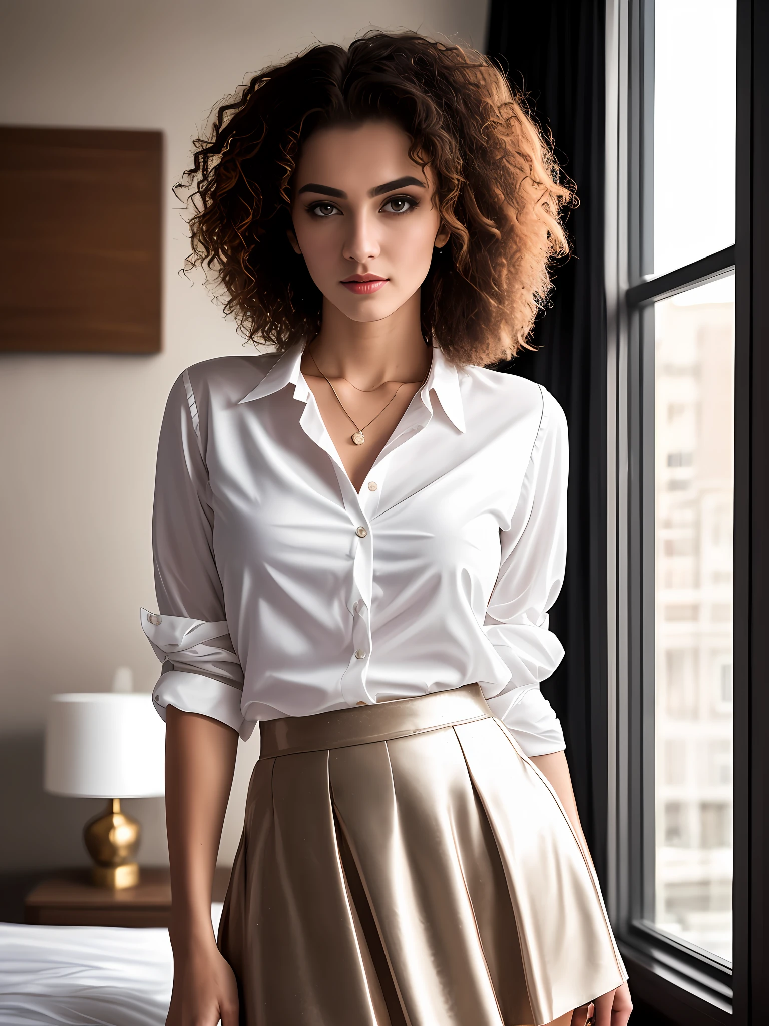 woman with curly hair wearing a skirt and blouse with detailed seductive alluring eyes in a modern bedroom, best quality masterpiece, photorealistic, detailed, 8k, HDR, shallow depth of field, broad light, high contrast, backlighting, bloom, light sparkles, chromatic aberration, sharp focus, RAW color photo