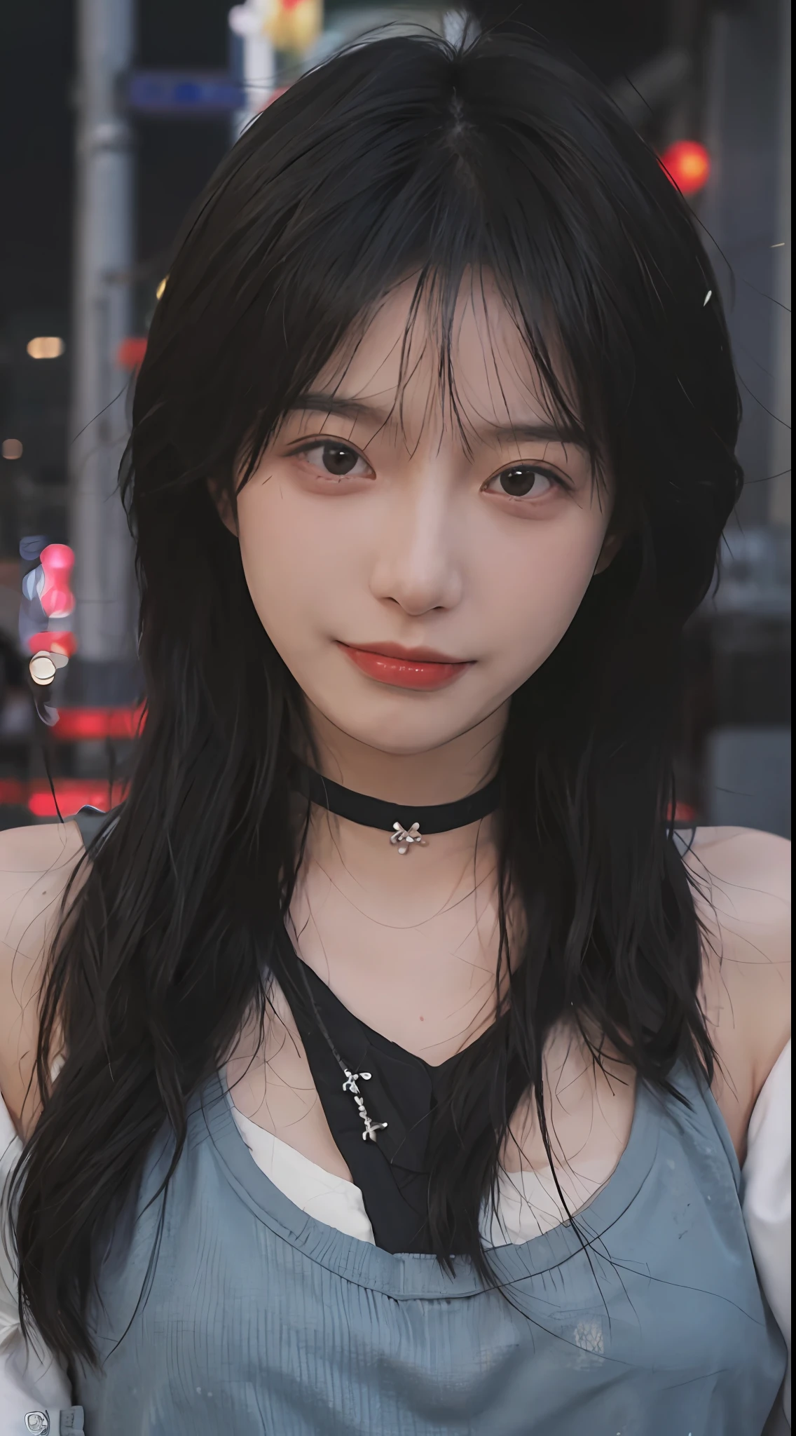 best qualtiy， 超高分辨率， （realisticlying：1.4），（（Medium hair））），absurderes：1.2， The background is blurred out， Bokeh：1.2， photography of， （RAW photogr：1.2）， （realisticlying：1.4）， （tmasterpiece：1.3）， （complexdetails：1.2）， 1girll， 独奏， japanaese girl， delicated， beautifuldetails， （Detailed eyes）， （detailedfacialfeatures）， Petite， （（（little breast）））， skin tight， （Looking_at_peeping at the viewer）， From_Front， （being thin）， （best qualtiy：1.4）， （超高分辨率：1.2）， cinematric light， （Extreme detail illustration）， （Gloss on lips， best qualityer， 超高分辨率， depth of fields， Caustics， Wide lighting， naturalshadow， 85mm， f/1.4， iso 200， 1/160s：0.75），1girll， 独奏， （（（blue tanktop）））ssmile， 校服， choker necklace，