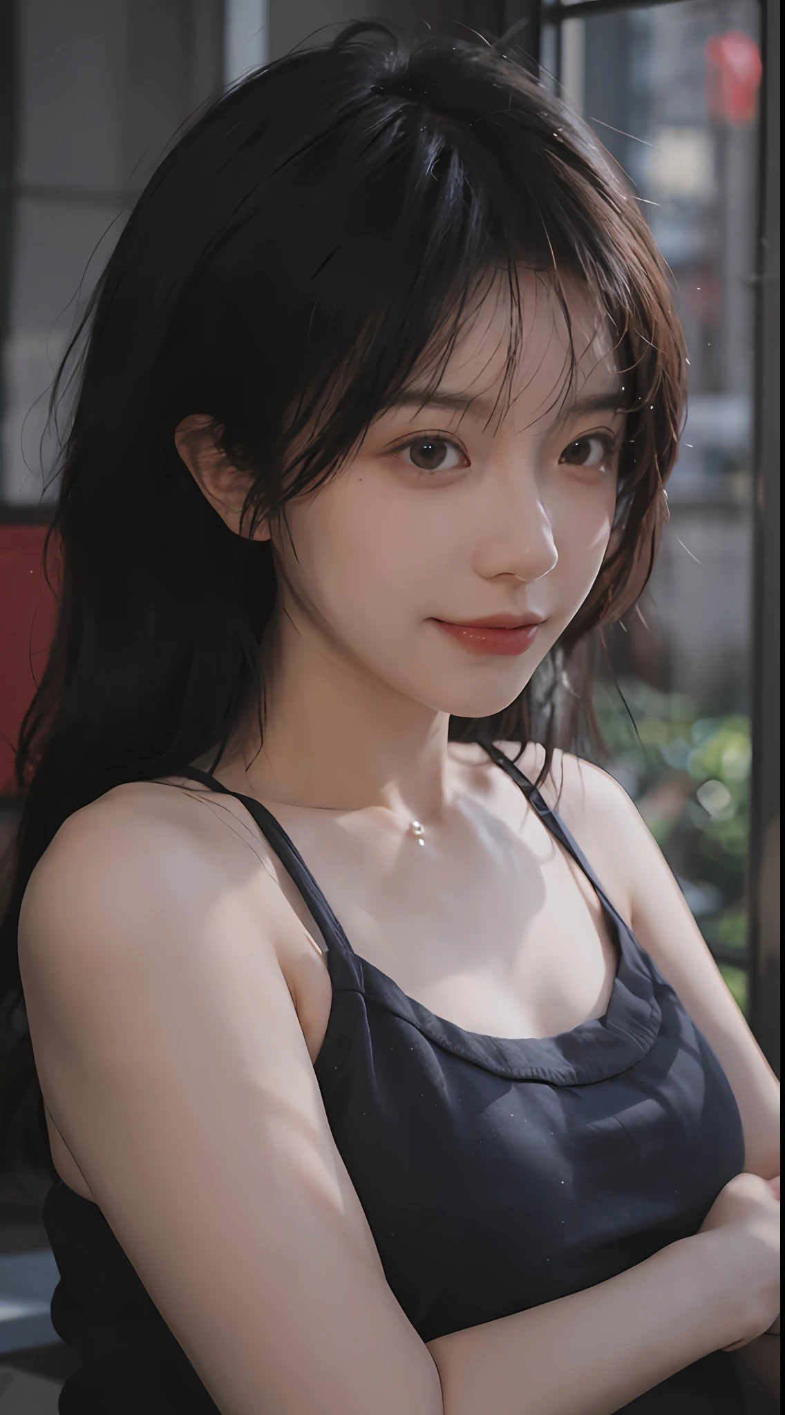 best qualtiy, 超高分辨率, (realisticlying:1.4),((Medium hair))),absurderes:1.2, The background is blurred out, Bokeh:1.2, photography of, (RAW photogr:1.2), (realisticlying:1.4), (tmasterpiece:1.3), (complexdetails:1.2), 1girll, 独奏, japanaese girl, delicated, beautifuldetails, (Detailed eyes), (detailedfacialfeatures), Petite, (((little breast))), skin tight, (Looking_at_peeping at the viewer), From_Front, (being thin), (best qualtiy:1.4), (超高分辨率:1.2), cinematric light, (Extreme detail illustration), (Gloss on lips, best qualityer, 超高分辨率, depth of fields, Caustics, Wide lighting, naturalshadow, 85mm, f/1.4, iso 200, 1/160s:0.75),1girll, 独奏, (((blue tanktop)))ssmile, 校服, choker necklace,