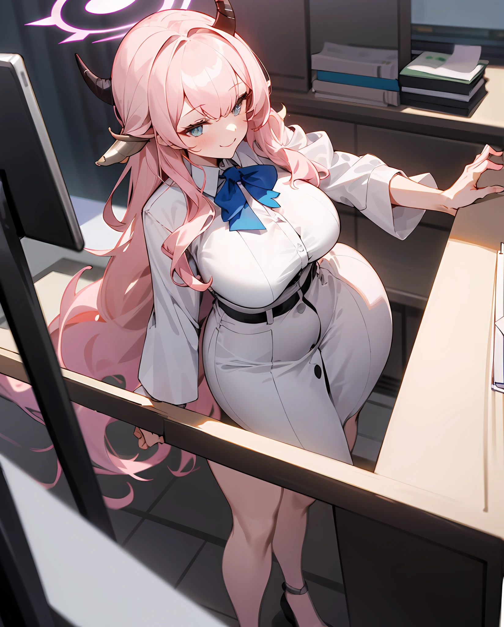 ((tmasterpiece,Need)),(1girl),((A MILF)),Light pink hair,big-areola,horn,((office lady)),By bangs,middlebreast,(plumw),slim,Beth，ssmile,[Wide hips],office,standing, aru \(blue archive\),