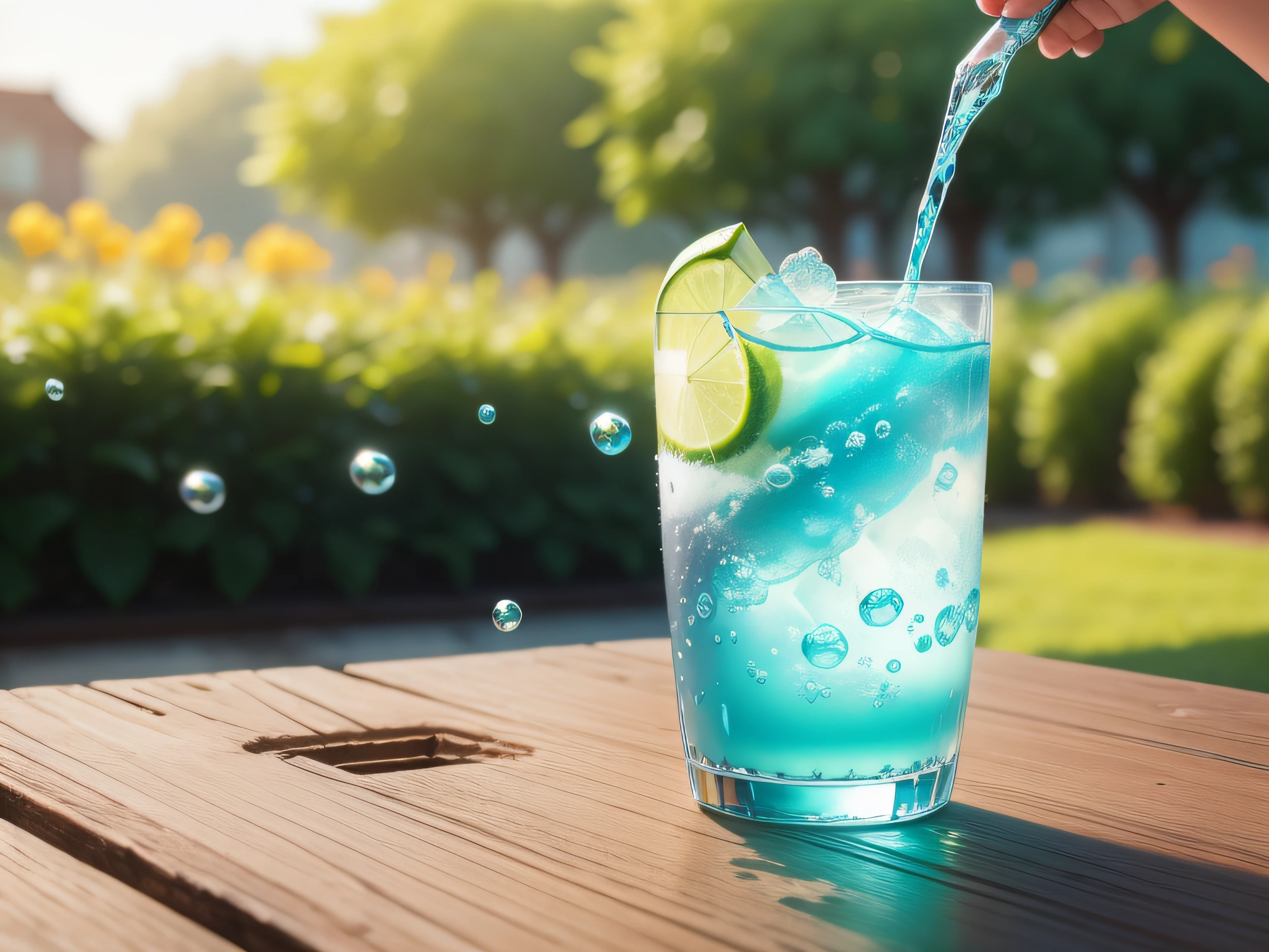 soft drink、Turquoise color、Small bubbles、No humans、garden、depth of fields、(blurry backround))、 masterpiece、top-quality、The ultra-detailliert